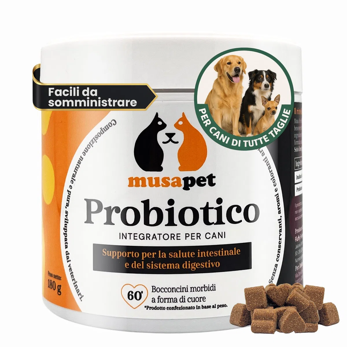 PROBIOTICI PER CANI (60 Snack Naturali) - PROBIOTICO PER CANI | Bacillus velezensis e Inulina di Cicoria | Integratore per Intestino e Difese - Bocconcini a Forma di Cuore Gustosi (2)