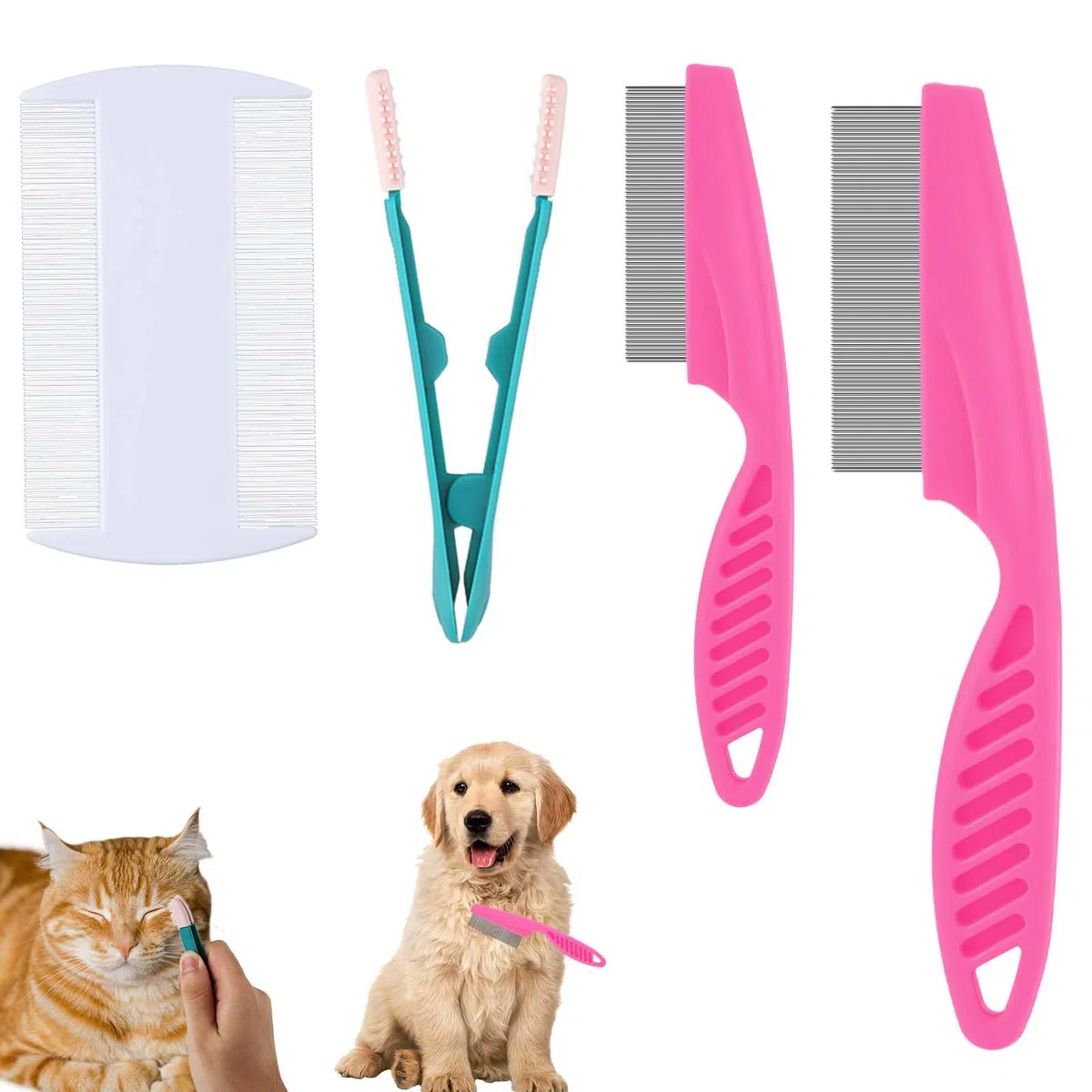 NQEUEPN 4pz Pettine Antipulci Cani Gatti, Denti Fini Pettine per Pidocchi Rimozione Macchie Lacrime Plastica Acciaio Inossidabile Pulizia Magica Peli Domestici Strumenti Toelettatura Spazzola(Rosa)