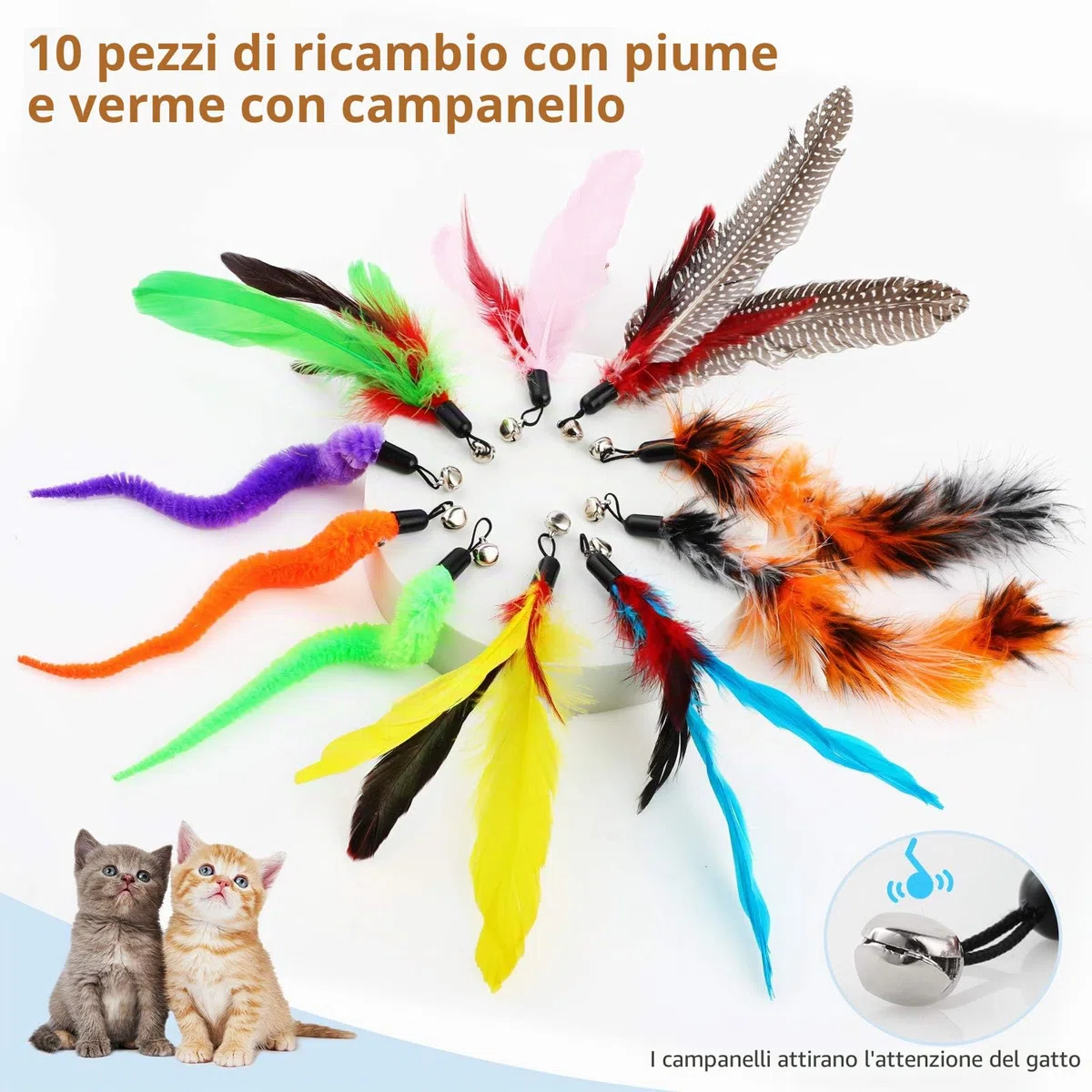 Hianjoo 12PCS Giochi con Piume per Gatto, Giocattoli Interattivi per Gatti 2 Bacchette per Gatti Retrattili Divertenti e 10 Teaser di Piume di Ricambio con Campana