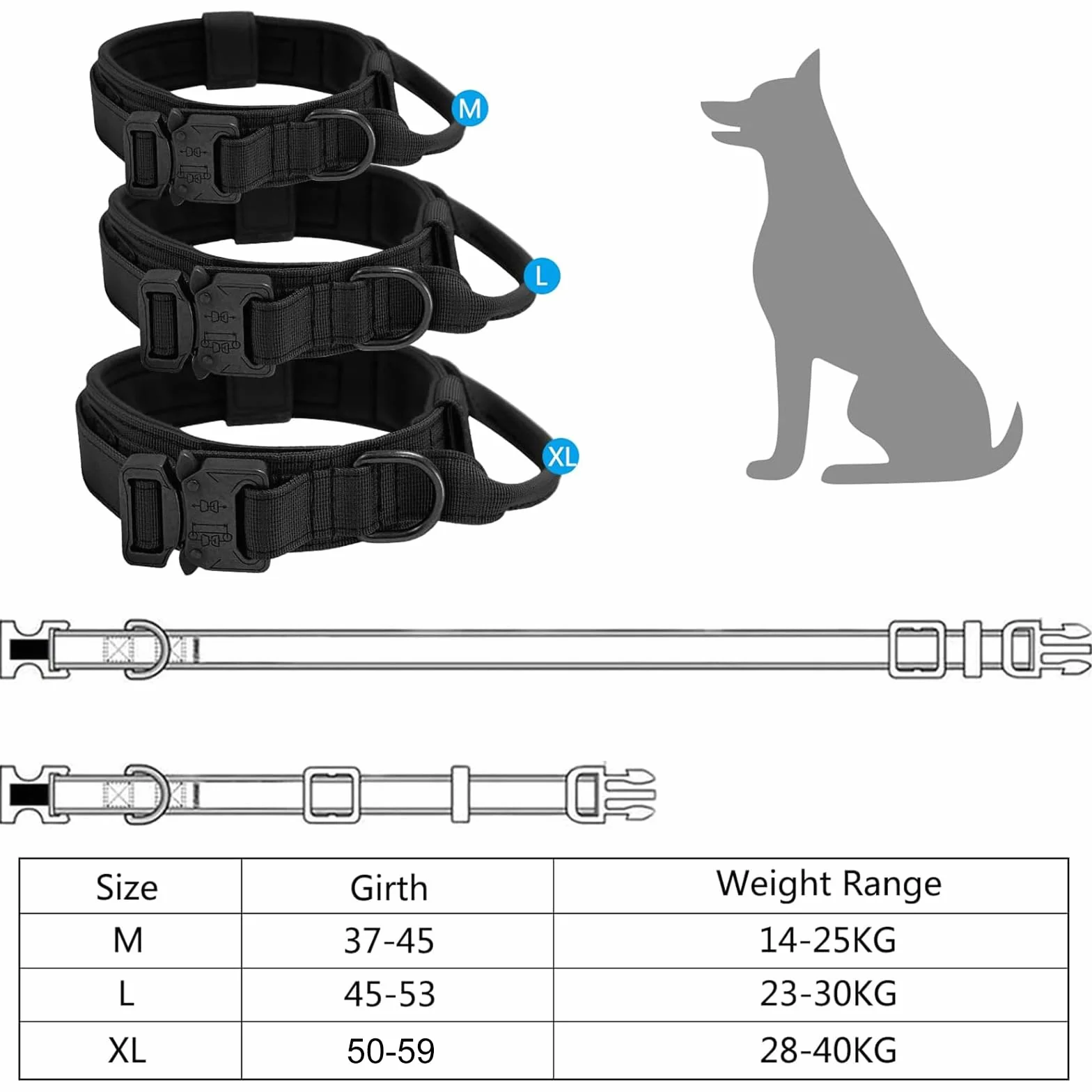 Collare Tattico per Cani Regolabile Con Maniglia di Comando, Militare in Nylon Con Fibbia in Metallo per Cani di Taglia Media e Grande Addestramento (L, Nero)