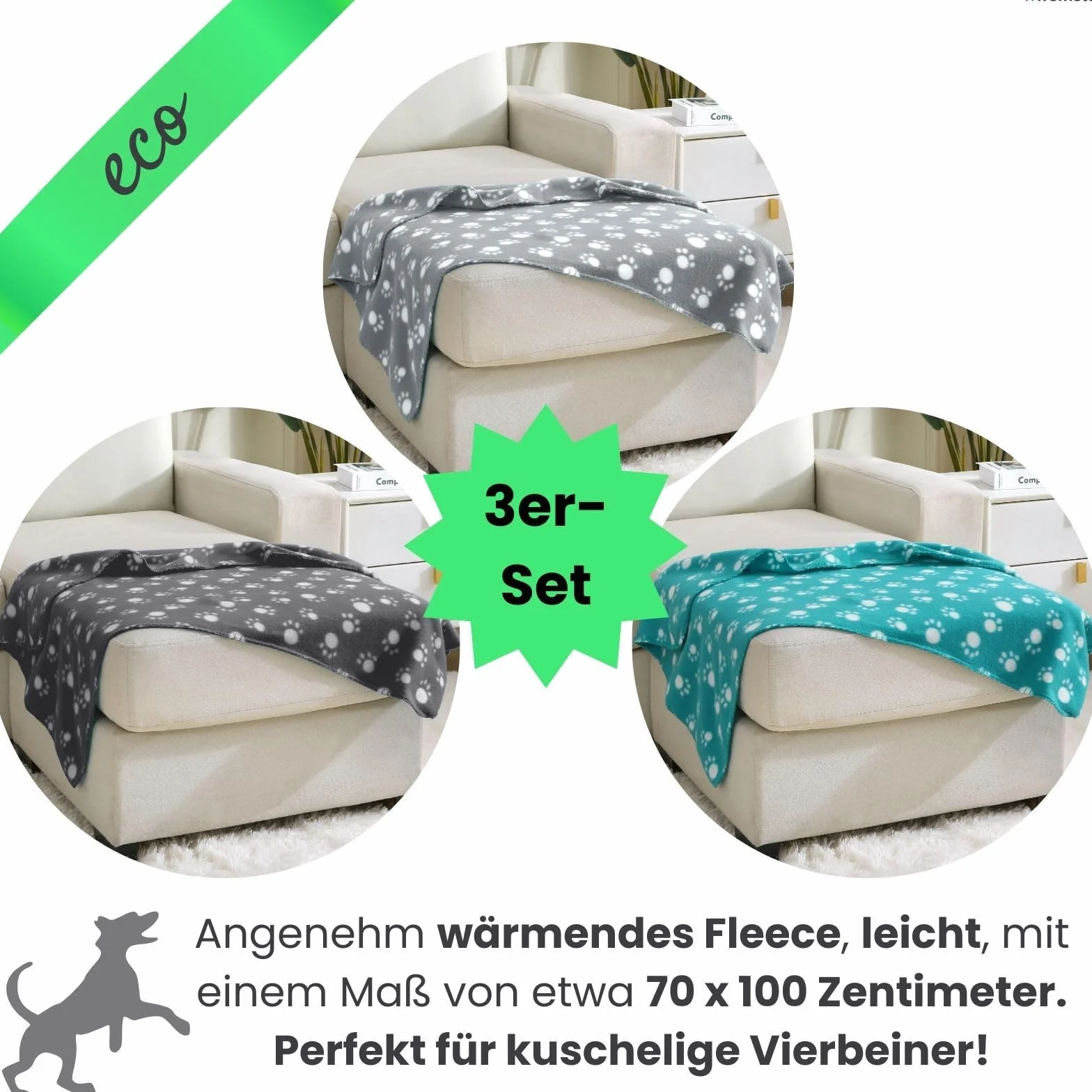 wometo Eco - Set di 3 coperte per cani, in materiale riciclato al 100% + certificazione Oeko-TEX, 3 pezzi, 70 x 100 cm, grigio scuro e turchese