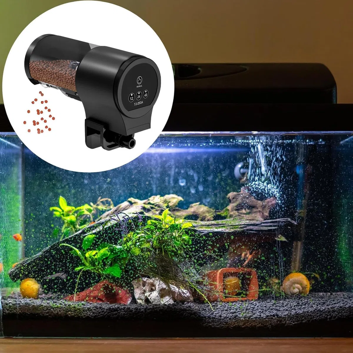 Distributore automatico di alimenti per pesci, distributore automatico di mangimi per pesci | Dispenser per alimenti domestici 100 ml con timer 12H 24H 48H per Guppy, Koi, Ciclidi, Tartaruga, B
