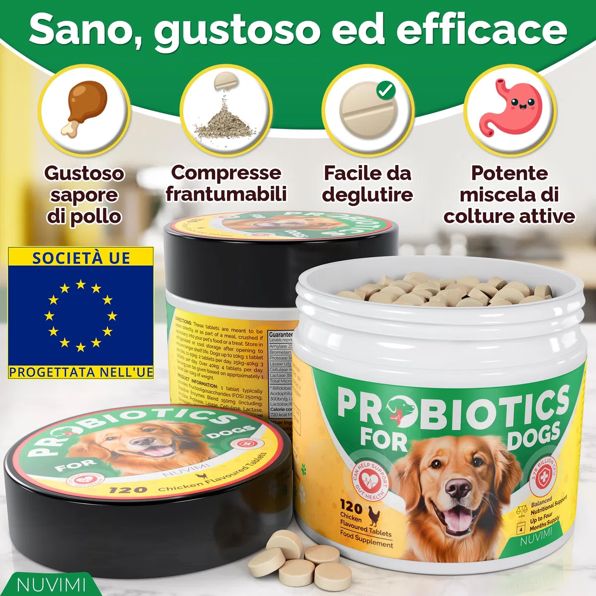 Probiotici per Cani - Compresse probiotiche e prebiotiche per Cani - Integratore per Il Supporto digestivo e la Salute intestinale - 120 Gusti di Pollo