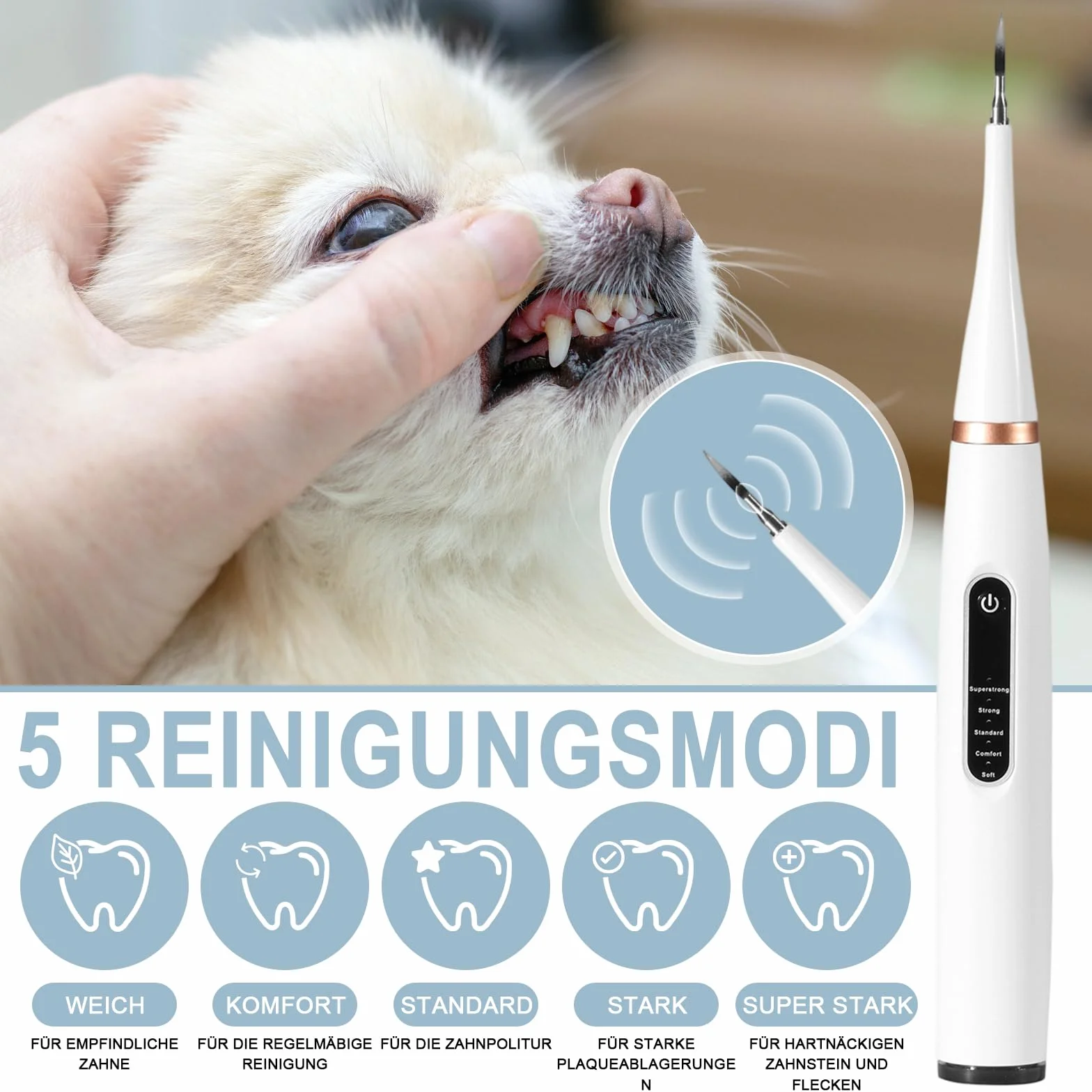 Rimozione Tartaro per Cani e Gatti con Spazzolino Ultrasuoni Professionale, Pulitore Dentale a 5 Modalità e Testine W, Impermeabile IPX6, Ricarica USB-C, Autonomia 1 Mese