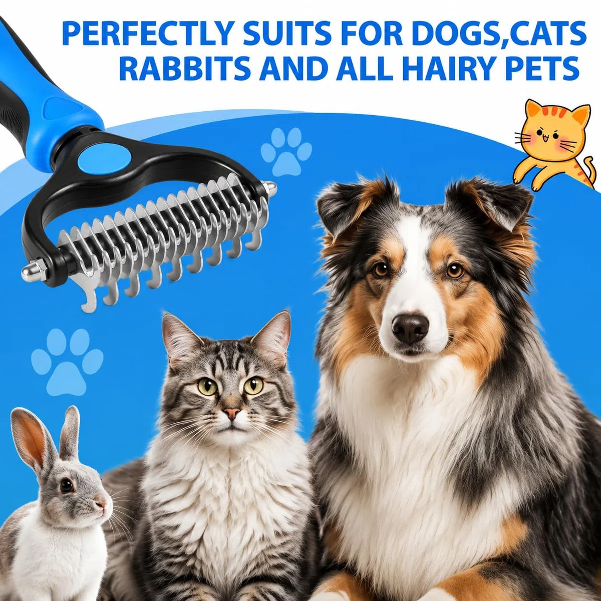 BeautyTrack Pettine sminuzzante per cani e gatti, rastrello e spazzole per cani di piccola e media taglia 11+6, lama a doppia faccia, rimuove nodi, sottopelo, tappetino per peli aggrovigliati (blu, M)