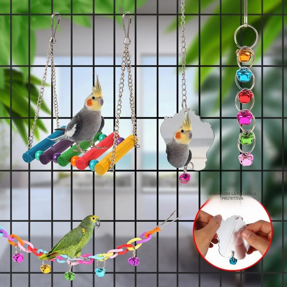YIXUND Giocattoli per uccelli per parrocchetti, 9 pezzi, scaletta in legno per uccelli, ponte, pappagalli, giocattoli per pappagalli, accessori per gabbie per uccelli, altalena per conuro, cacatugia