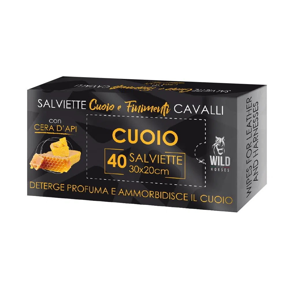 Wild Horses | Salviette Cuoio & Finimenti con Cera d'Api e Glicerina, Salviette Pronte all'Uso Imbevute con Cera d’Api, Lucida, Ravviva e Profuma il Cuoio, 40 Pz