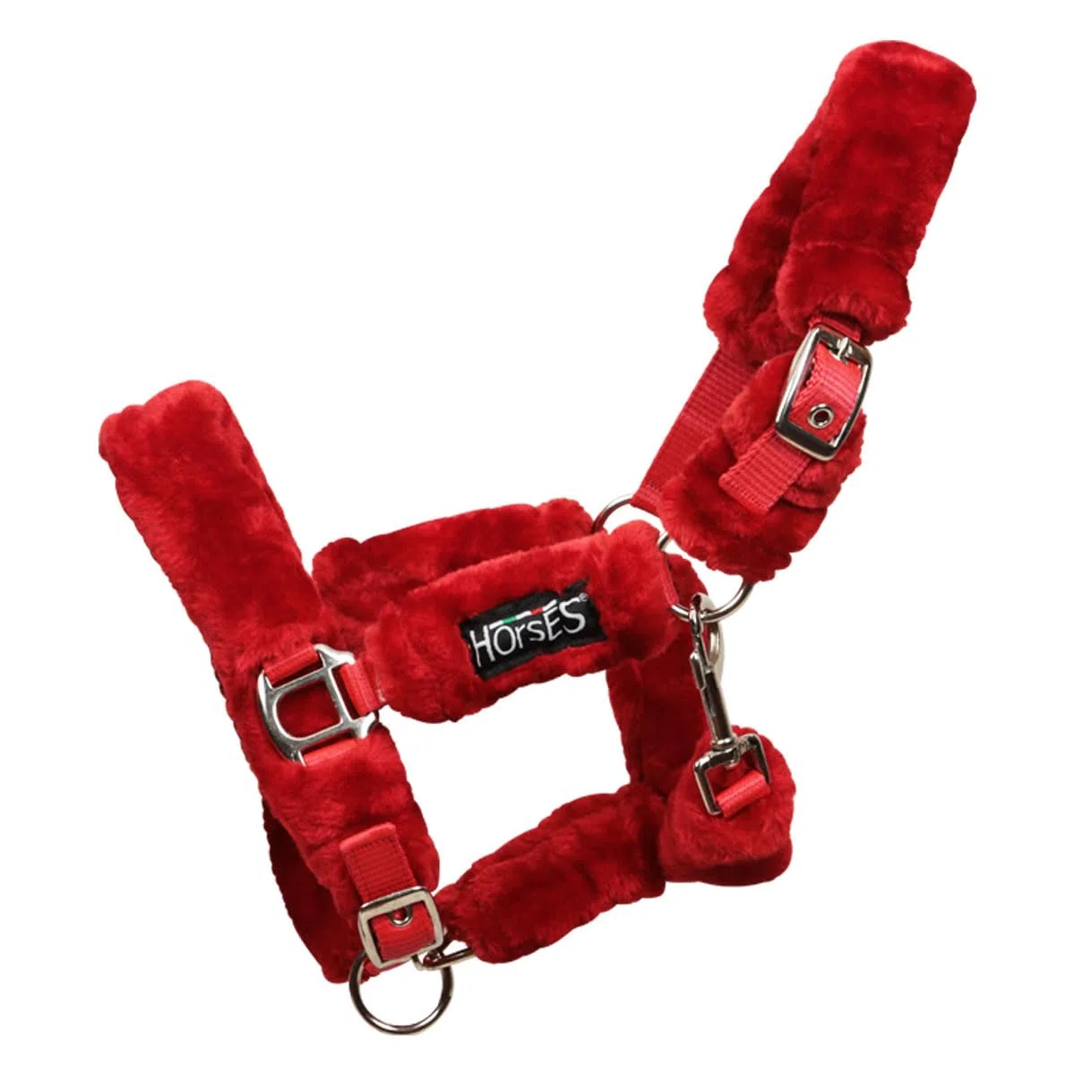 Cavezza Horses Soft Fluffi Mini, Cavezza Confortevole, Utile per Condurre il Cavallo a Mano o per Assicurarlo durante le Operazioni di Strigliatura (Rosso, Shetland)