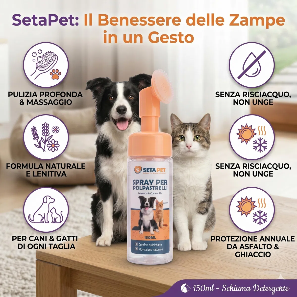 Spray per Polpastrelli Cani e Gatti con Spazzola in Silicone Integrata, Schiuma Detergente e Idratante Senza Risciacquo con Lavanda e Camomilla, Cura delle Zampe 150ml