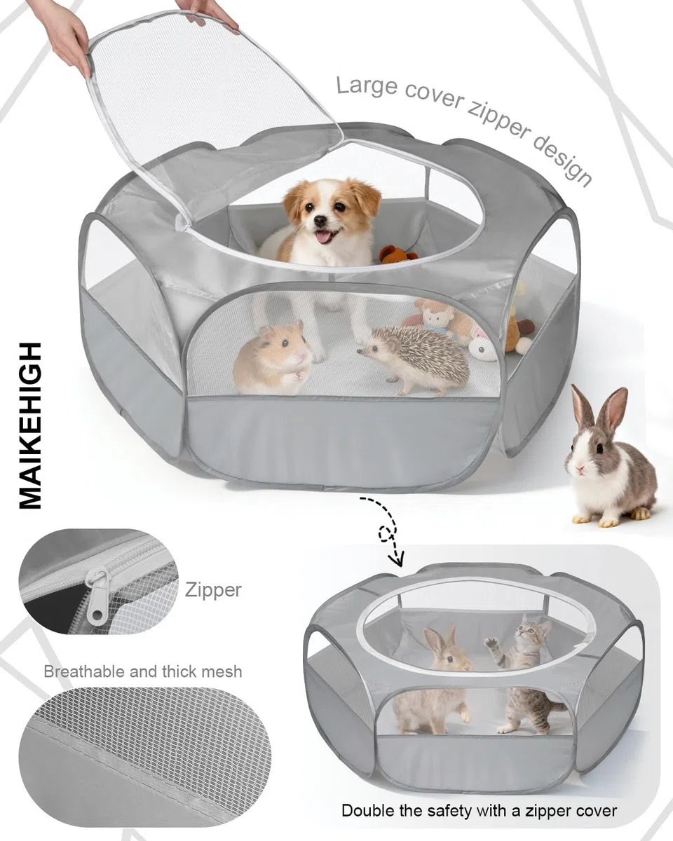 MAIKEHIGH Box per Piccoli animali, Pieghevole Recinto impermeabile di Esercizio della Portatile Tenda con rete traspirante Porcellini D'India, Ricci, Conigli, Gattini, Cuccioli (Grigio)