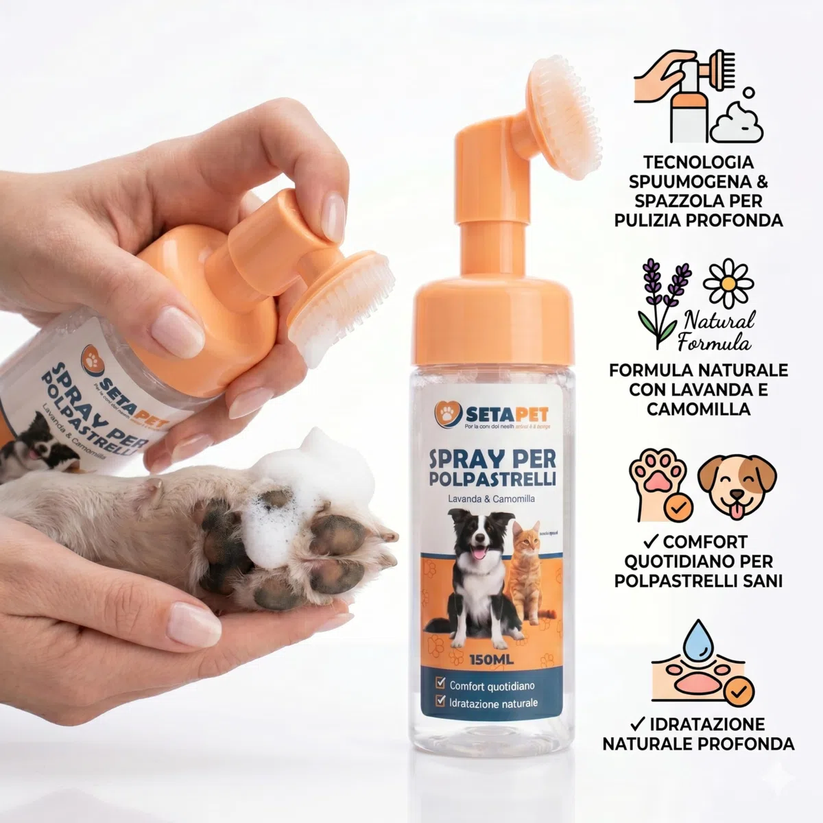 Spray per Polpastrelli Cani e Gatti con Spazzola in Silicone Integrata, Schiuma Detergente e Idratante Senza Risciacquo con Lavanda e Camomilla, Cura delle Zampe 150ml