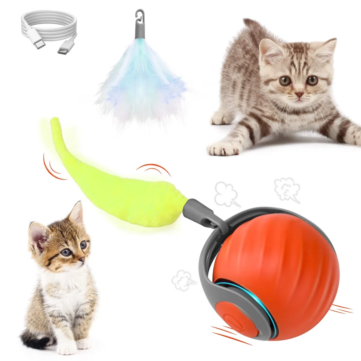 Palla Interattiva per Gatti, Palla Elettrica per Gatti, Auto-Attiva, 2 Modalità di Lavoro, Coda Sostituibile, Gioco Interattivo Gatto (Arancia)