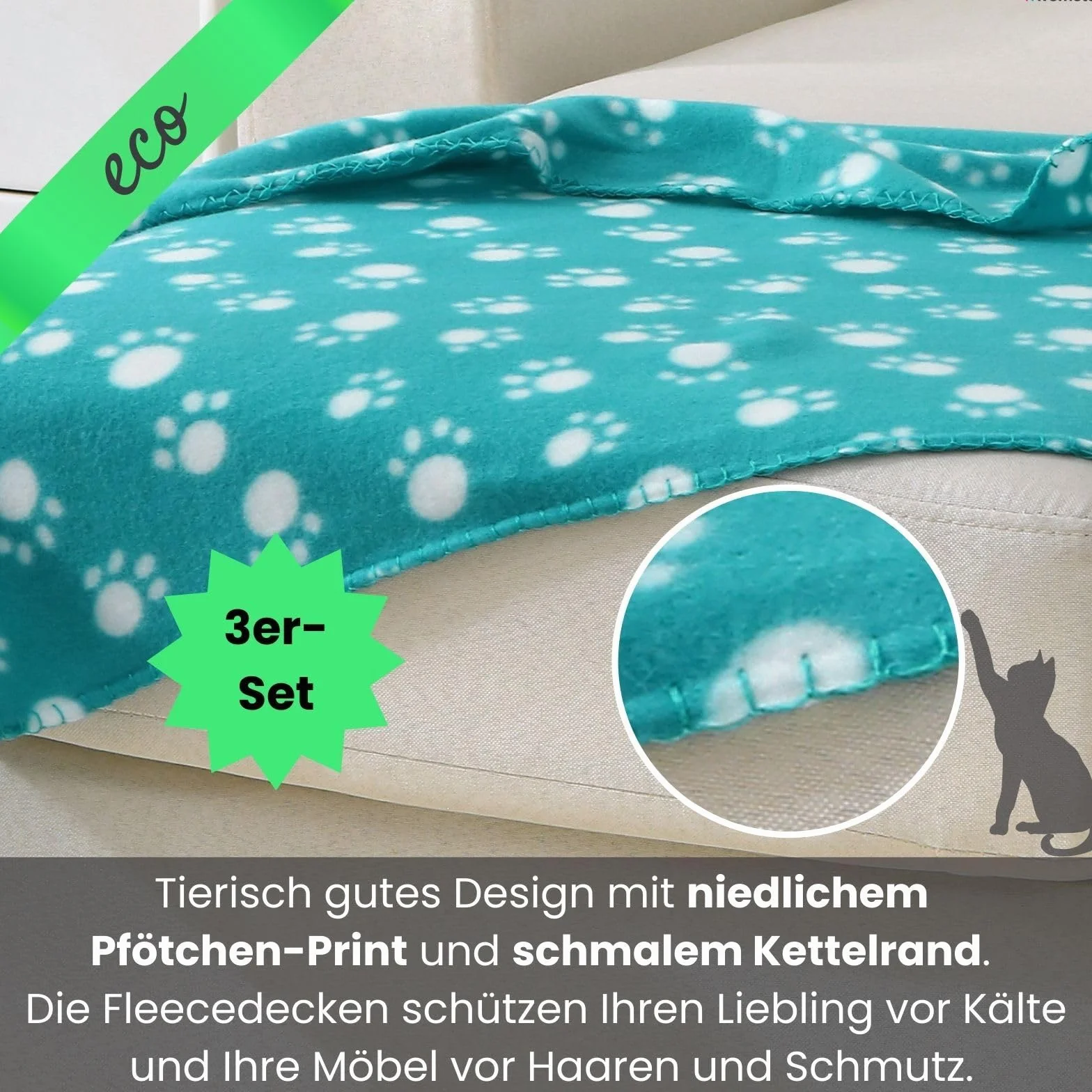 wometo Eco - Set di 3 coperte per cani, in materiale riciclato al 100% + certificazione Oeko-TEX, 3 pezzi, 70 x 100 cm, grigio scuro e turchese