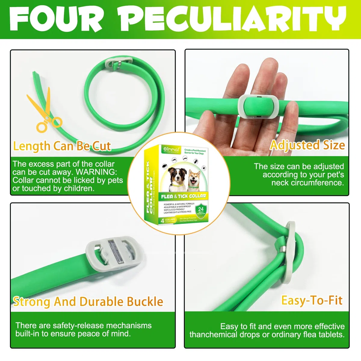 Collare per cani 4 pezzi, dog flea collar, regolabile e impermeabile, sicuro e naturale, lunghezza 60 cm, protezione 24 mesi, per tutti i cani