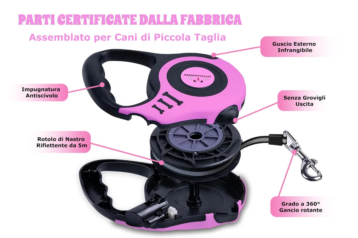 Pet's Playground | Guinzaglio Retrattile per Cani Illuminante e Riflettente | Resistente per Cuccioli e Piccola Taglia | Rosa | 5M