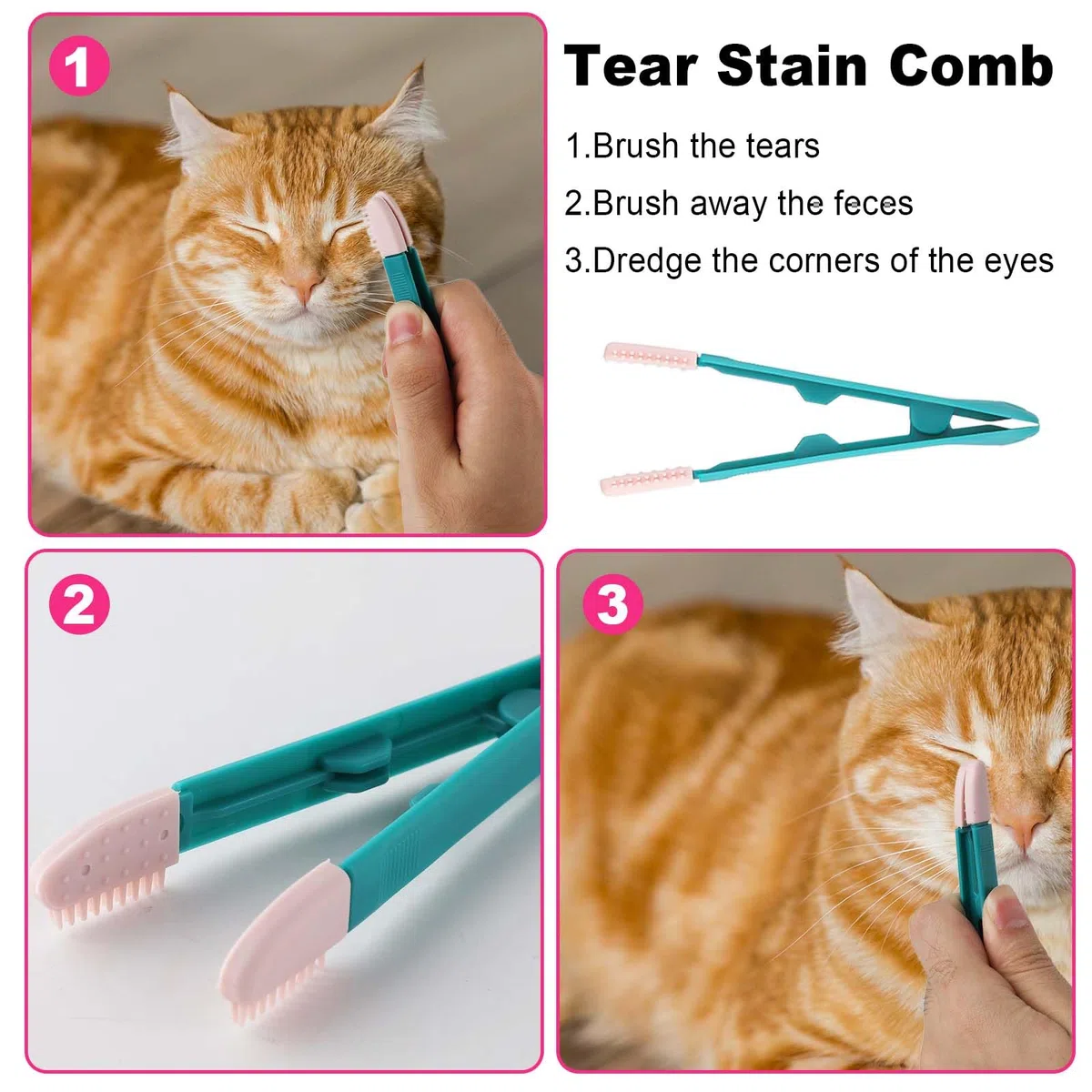 NQEUEPN 4pz Pettine Antipulci Cani Gatti, Denti Fini Pettine per Pidocchi Rimozione Macchie Lacrime Plastica Acciaio Inossidabile Pulizia Magica Peli Domestici Strumenti Toelettatura Spazzola(Rosa)