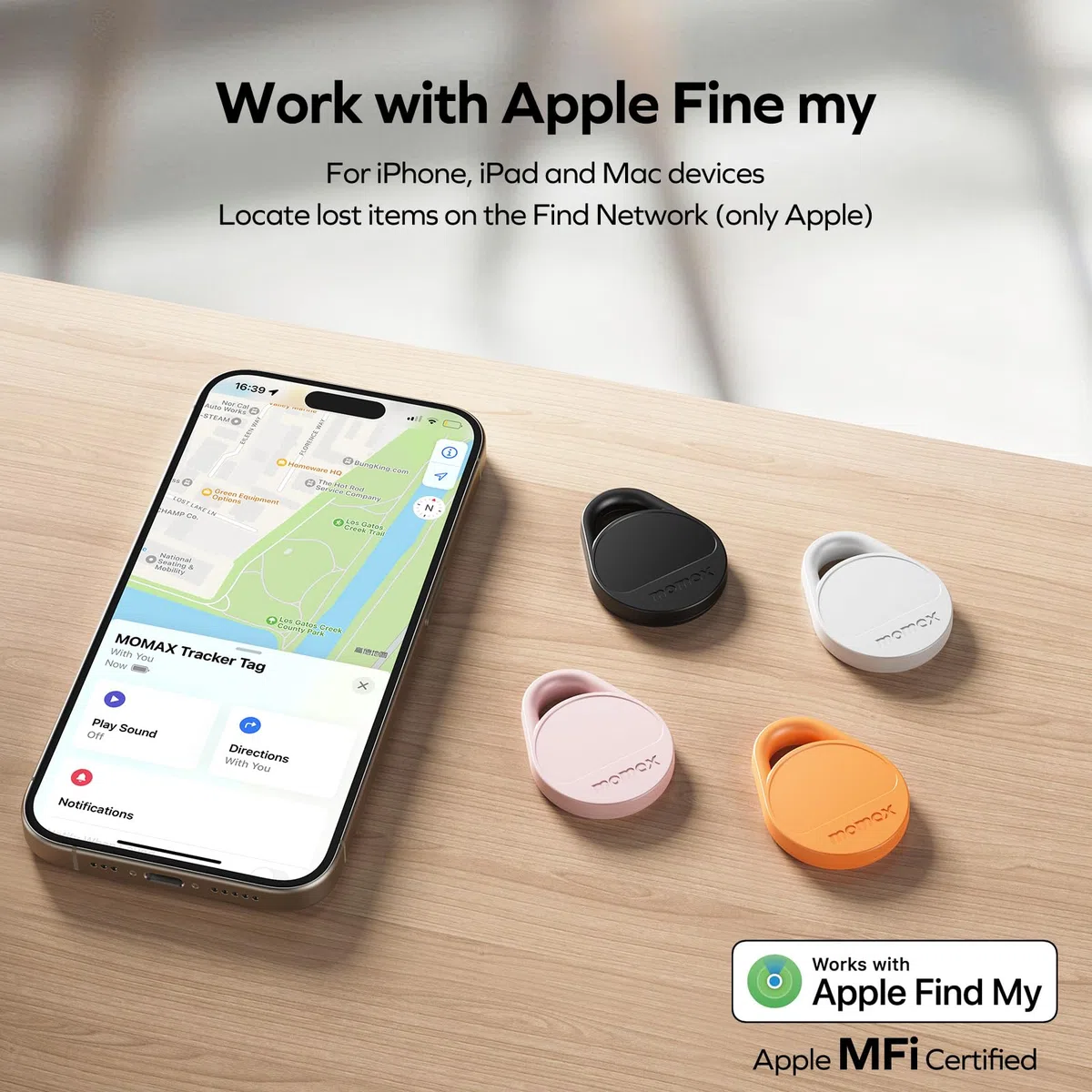 MOMAX Smart Air Tracker, Luggage Tracker, Smart Tag per chiavi, zaini, borse e animali domestici, funziona con Apple Find My (solo iOS 18+), con copertura di ricerca globale, Set di 4