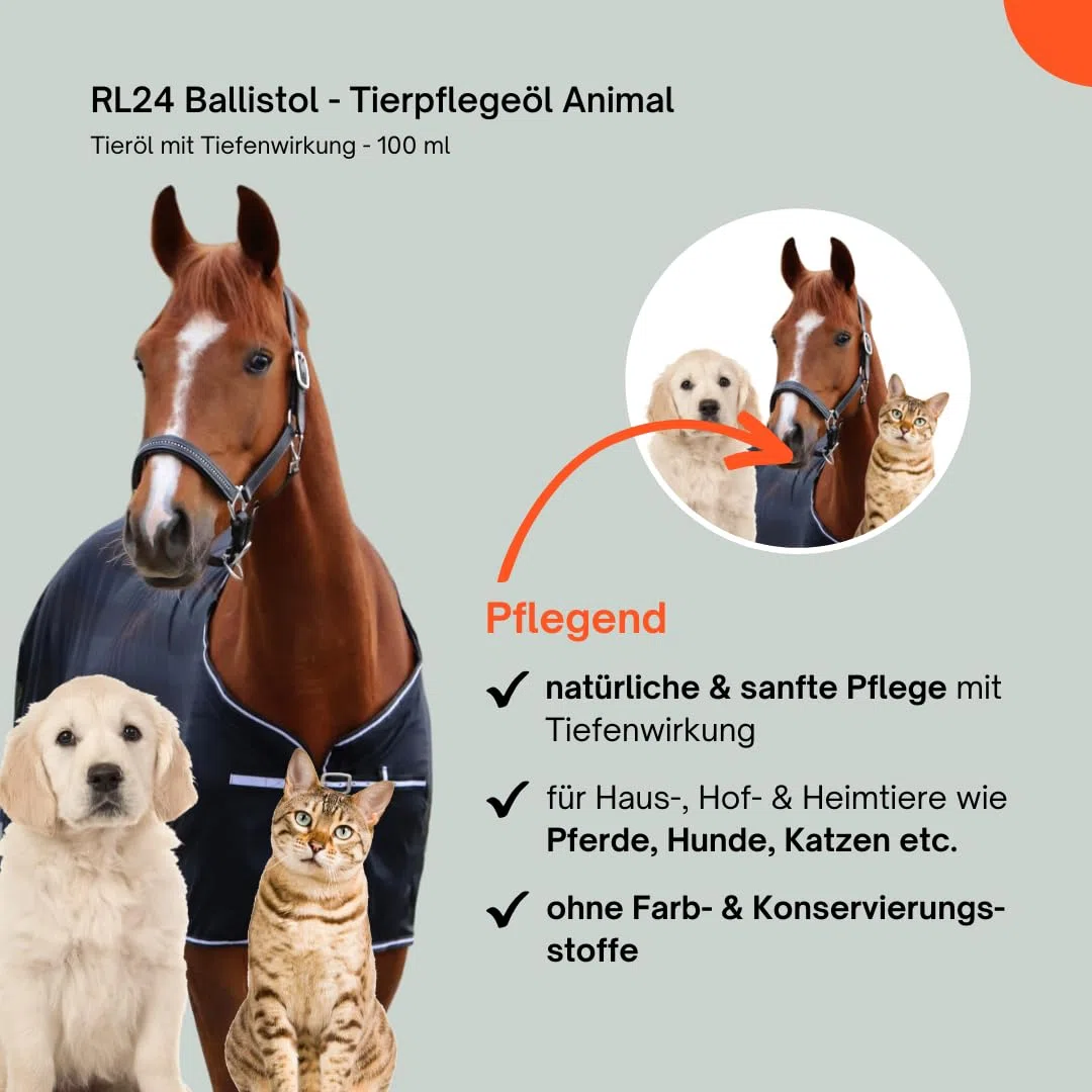 RL24 Ballistol Animal - Olio per animali domestici con effetto profondo, cura delicata per cavalli, cani ecc. | ideale per la cura della coda, del pelo e degli zoccoli | per la casa, il cortile e gli