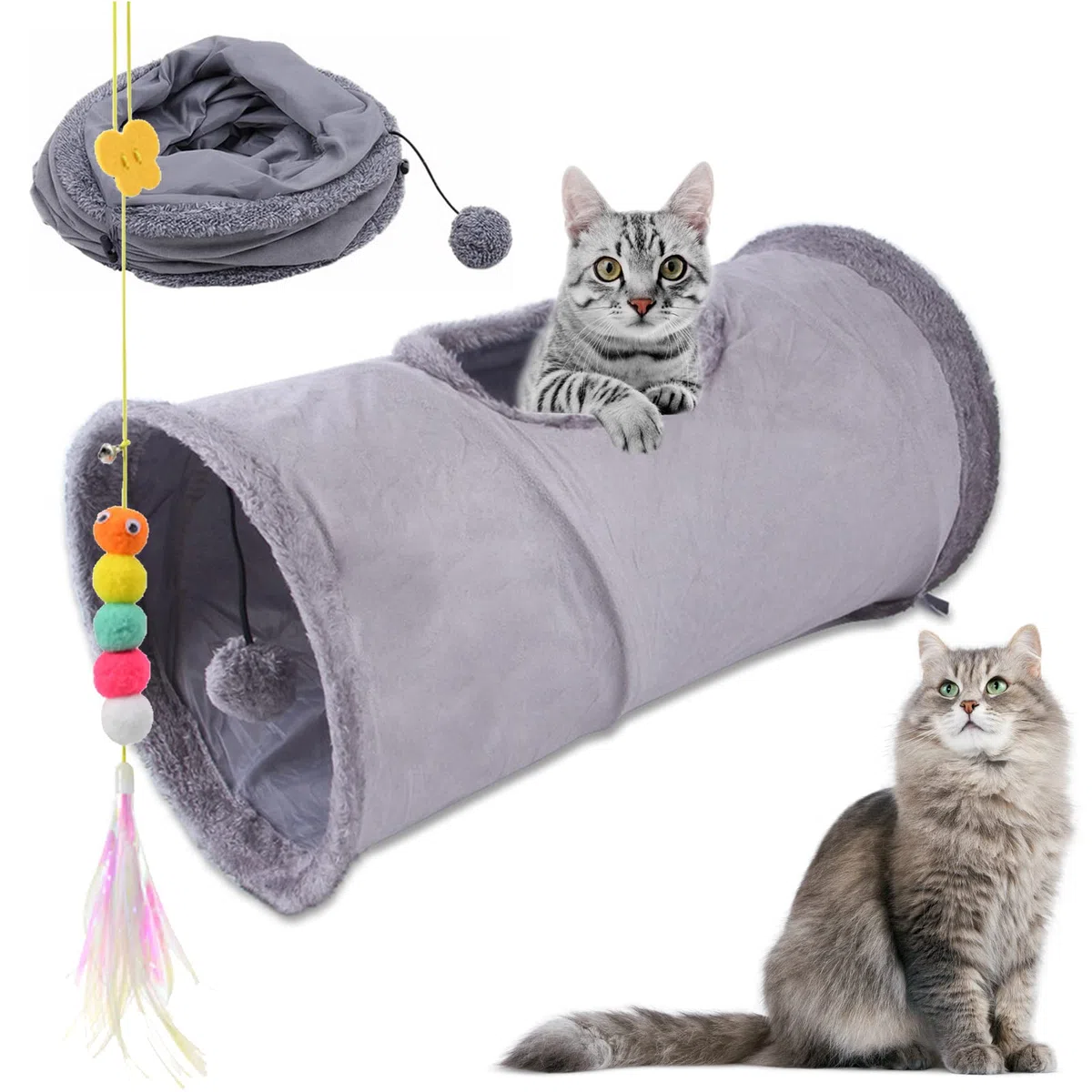 Tunnel per Gatti,Tunnel da Gioco per Gatto Pieghevole,Giocattoli con Palla e Gatto per Cani per Gatti,giocattolo Cuccioli, Conigli, Porcellini D'India, Uso Interno ed Esterno (Grigio)