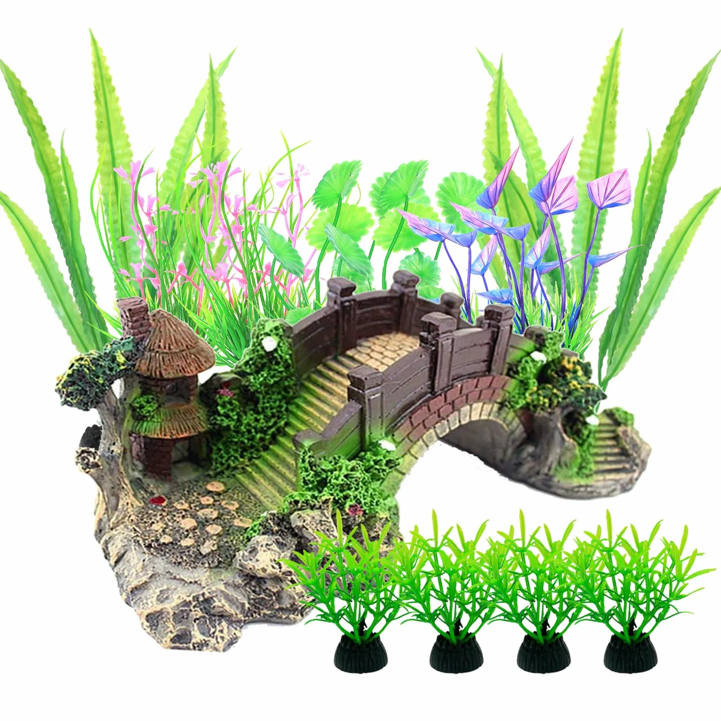 Kit 13 Pezzi Piante Artificiali per Acquario - Ornamenti Decorativi con Ponte in Poly Resina per Fish Tank