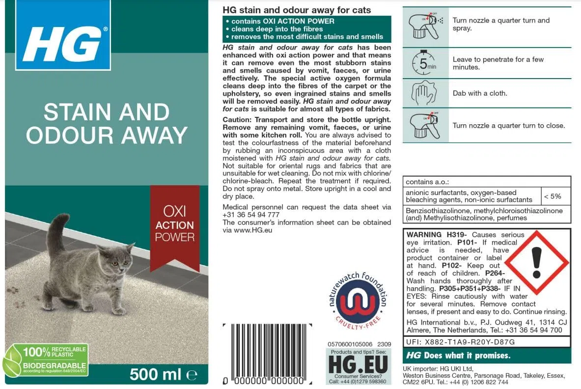 HG Spray smacchiatore per gatti e animali domestici, rimuove le macchie di tessuti e tappeti, neutralizza l'urina di gatto e altri cattivi odori, deodorante e deodorante spray Oxi Action per animali