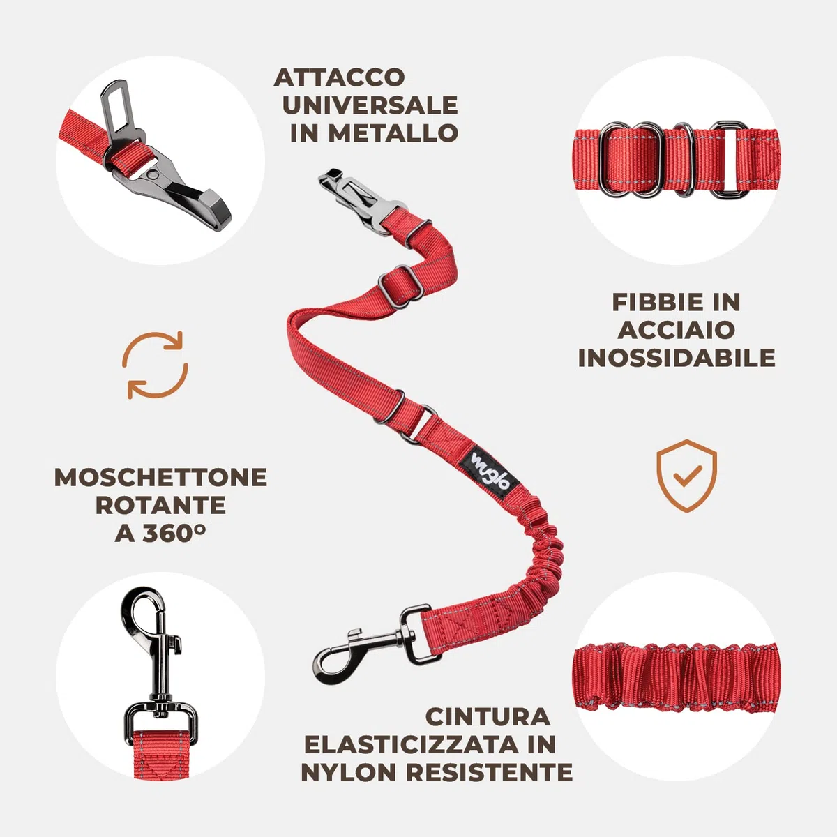 Wuglo Cintura per Cani Auto Regolabile 30-95 cm con Fibbia in Acciaio Inossidabile e Cintura Elastica (Rosso)