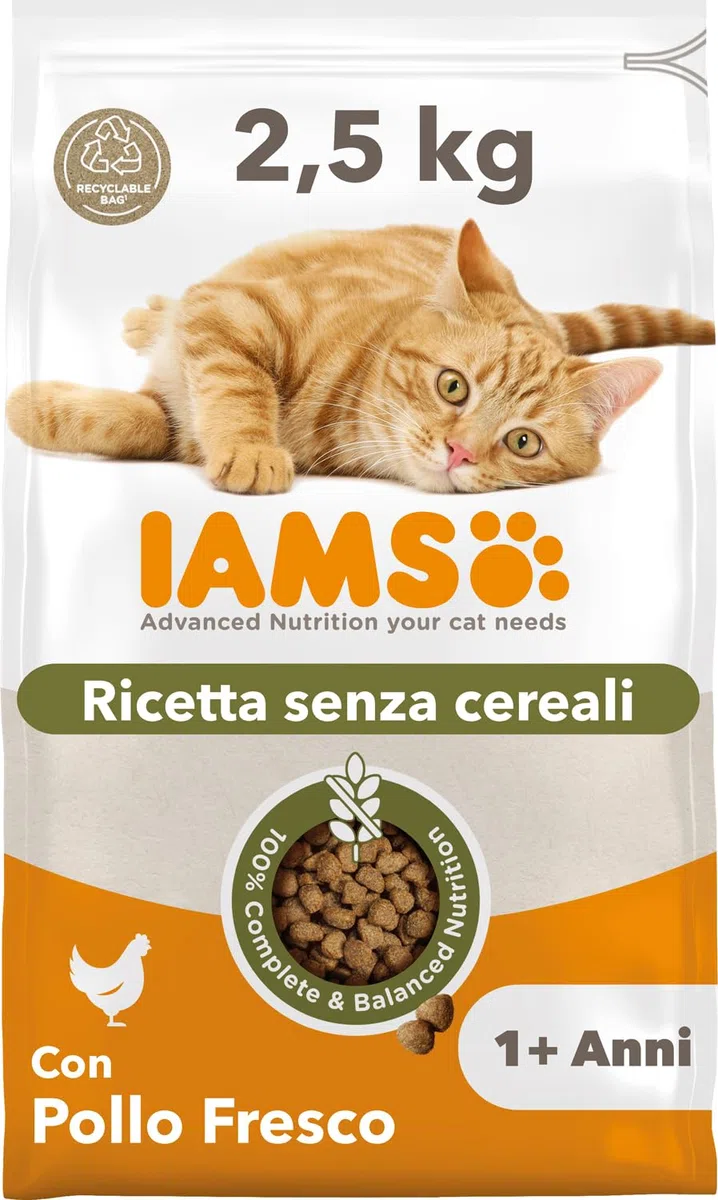 IAMS Cibo per gatti senza cereali con pollo - Alimenti secco per gatti adulti da 1 anno, 2,5 kg