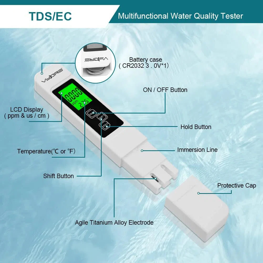 Vydra TDS Vydra Digital Tester per la misurazione della conducibilità dell'Acqua,ATC,con Custodia