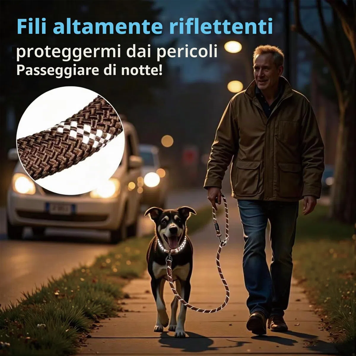 Guinzaglio per cani di taglia grande e media – Ricihene doppio guinzaglio regolabile in nylon con 2 moschettoni e 3 anelli – 3 m x 15 mm – marrone