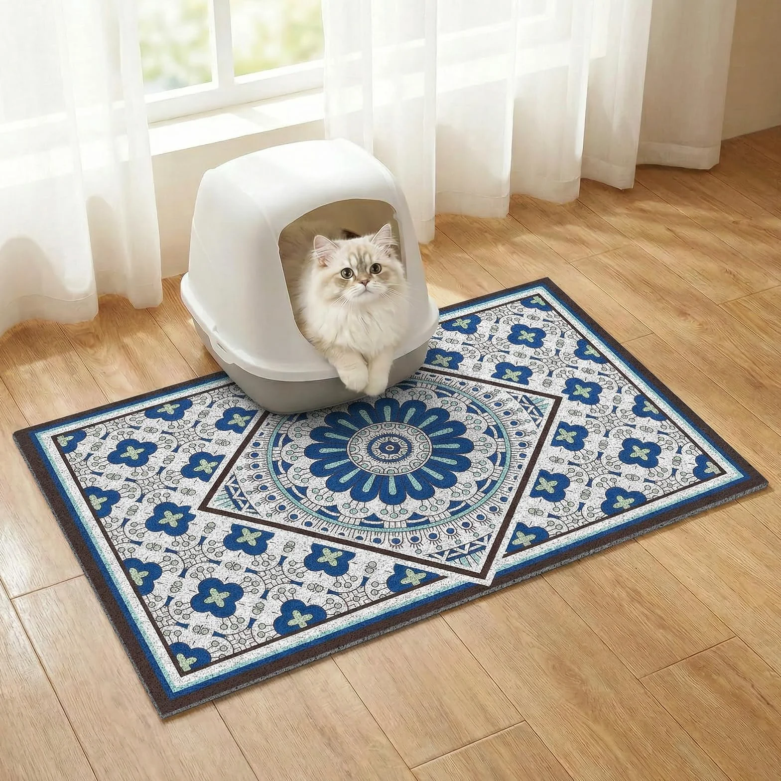 Tappetino per lettiera Bohemian Kitty 60 x 43 cm, tappetino per lettiera antiscivolo e lavabile, tappetino per cibo per gatti facile da pulire per controllare gli schizzi, protezione per il pavimento
