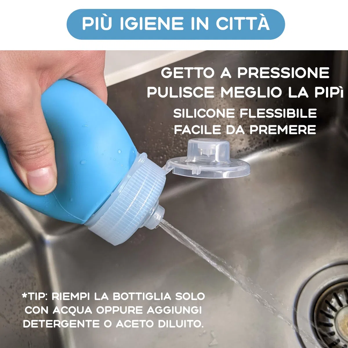 Bottiglia per Pipì Cane in Silicone 450 ml, Azzurro. Bottiglia per Pulire la Pipì del Cane in Strada, Pieghevole, Portatile, Antigoccia, con Getto a Pressione, Moschettone ed Elastico (Azzurro 450 ml)