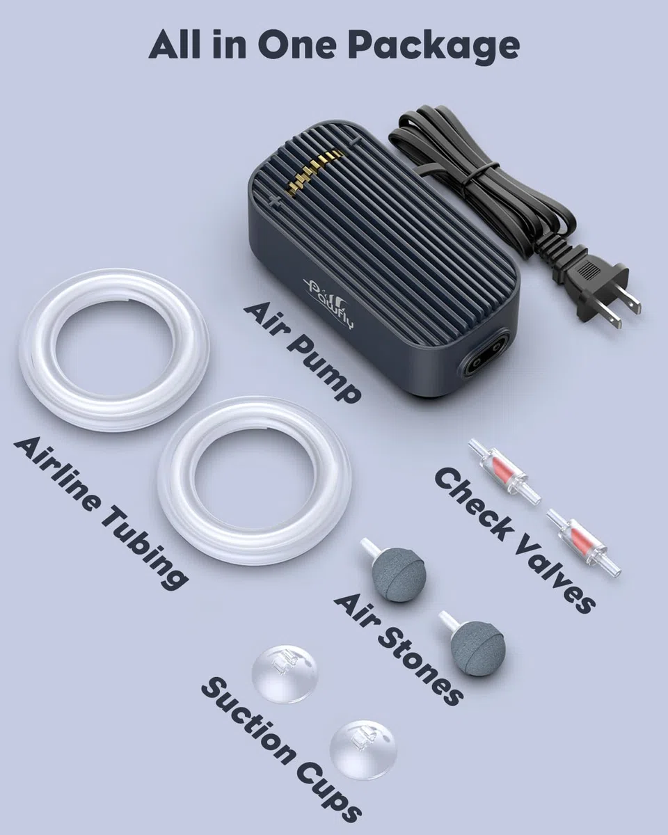 Pawfly Pompa ad Aria per Acquario, 416 L/H per Acquari fino a 606 L, Ultra Silenziosa e Regolabile con Tubo, Pietra Porosa e Valvola di Non Ritorno