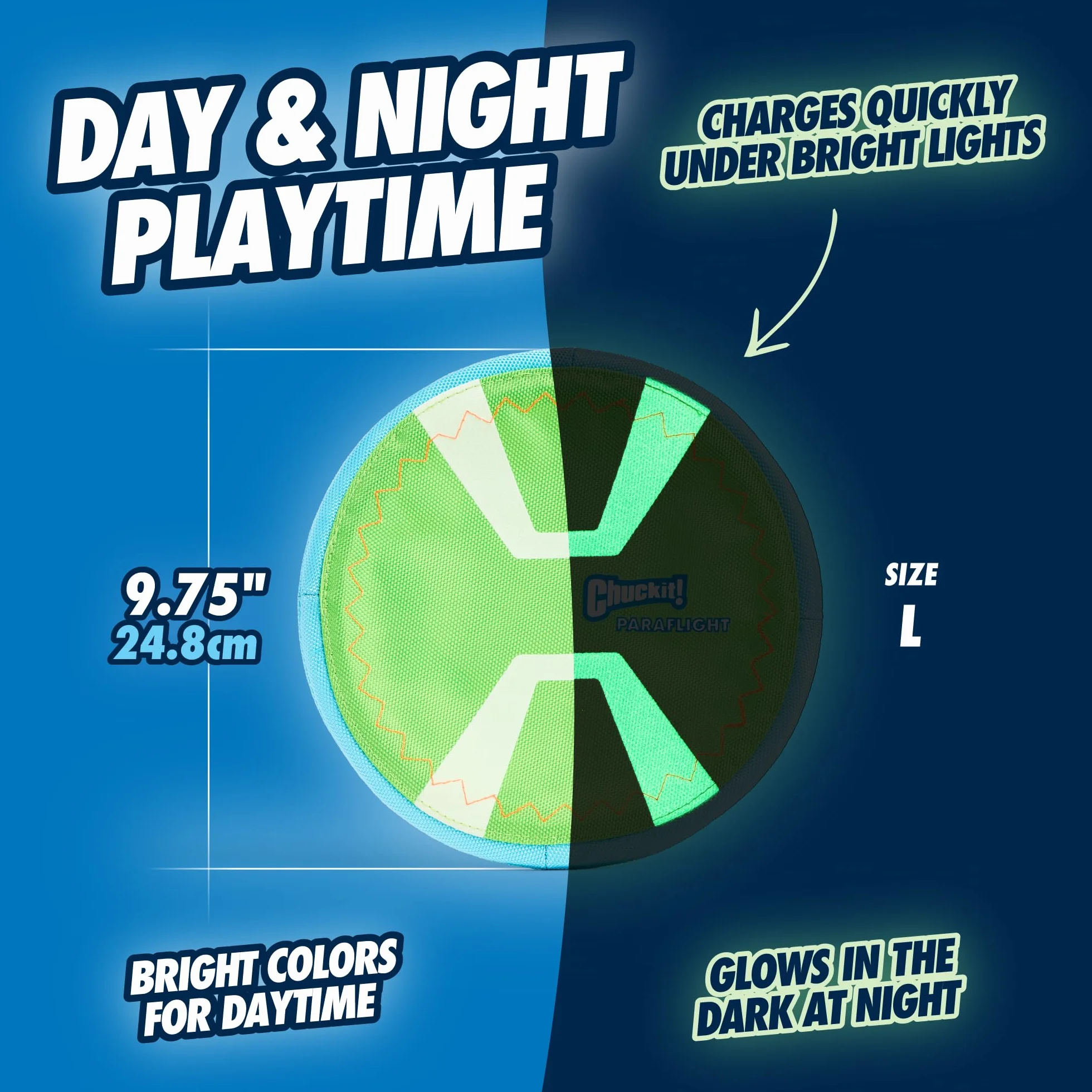 Chuckit CU32302 Frisbee Paraflight Max Glow, Frisbee di Cane con Un Diametro di 23,5 Cm, L