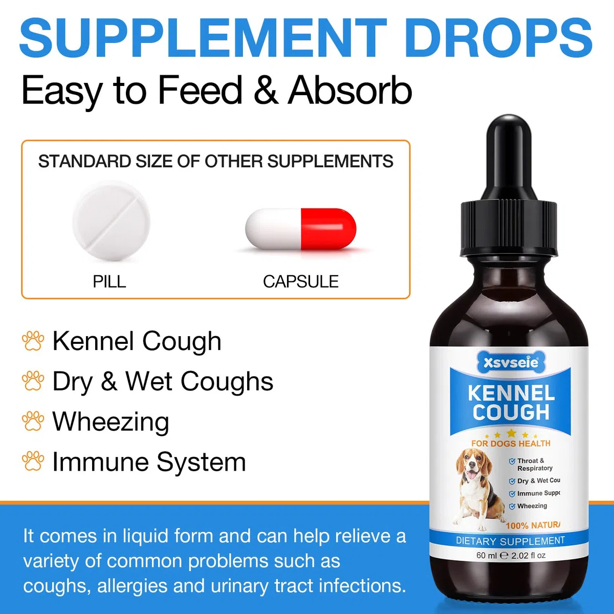Kennel Cough for Dogs, 2 gocce liquide Remedy, Kennel Cough Treatment for Dogs, trattamento tosse per cani per tutte le razze e dimensioni