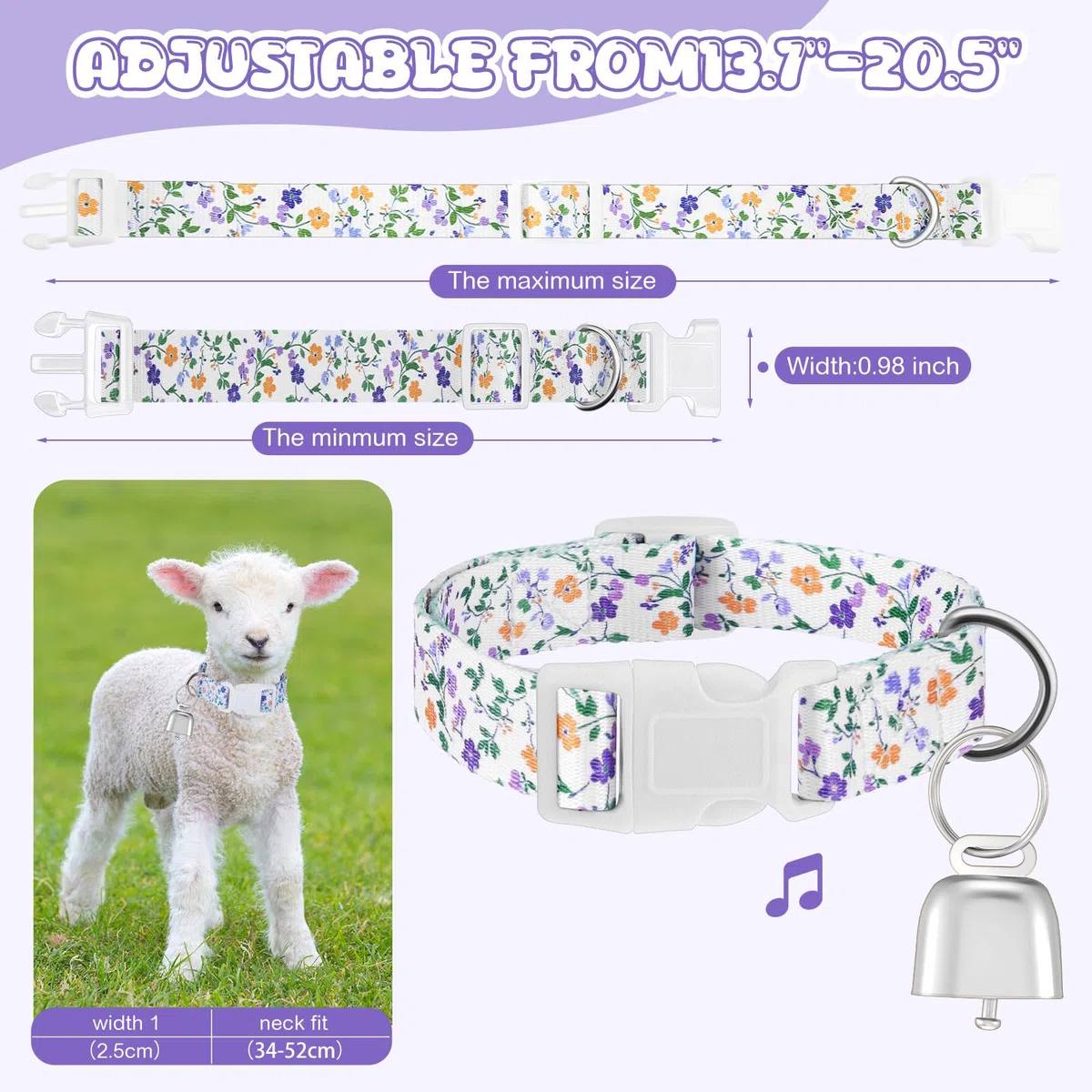 Talltalk Collari per capra con campane al pascolo, campana in rame e collare regolabile in nylon, set di campane in bronzo per l'estate, per piccoli animali da fattoria, pecora, mucca, pecora