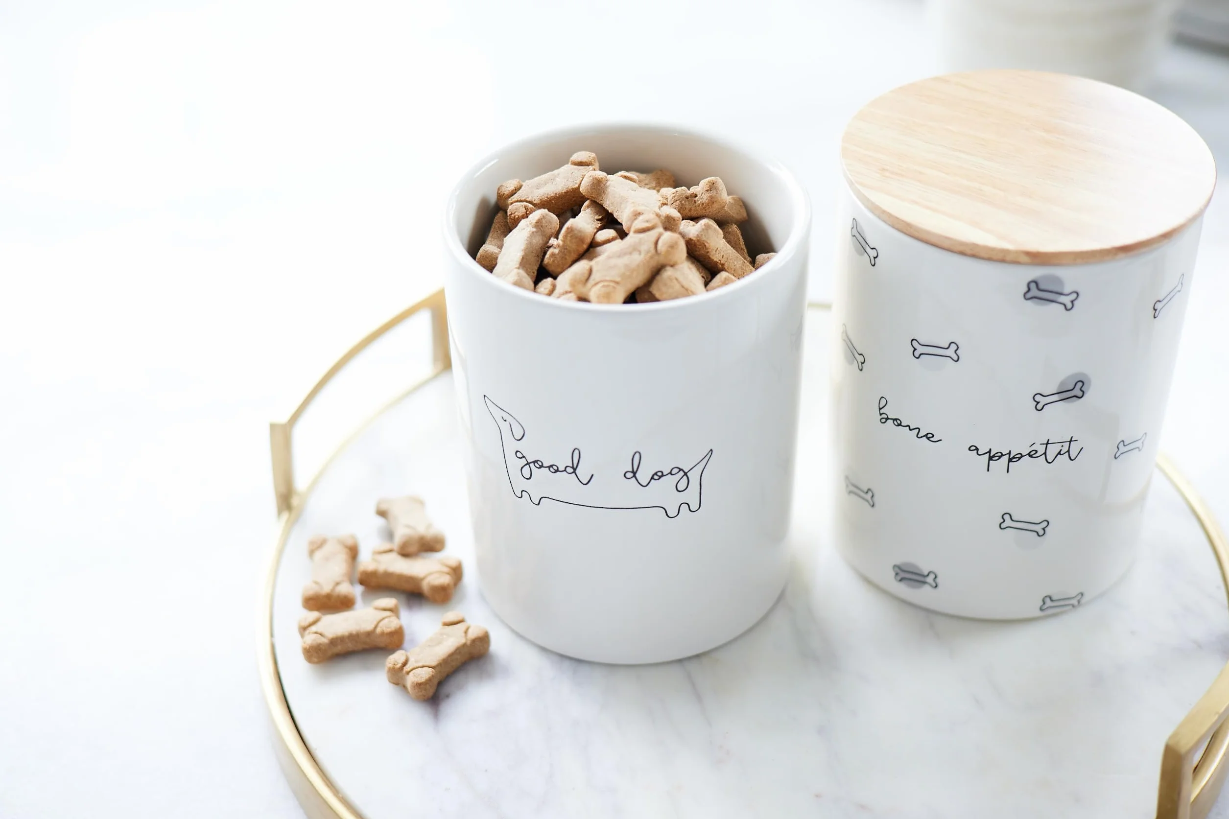 Pearhead Bone Appetite - Barattolo in ceramica e legno per animali domestici, moderno colore neutro, accessorio per la cucina della casa, lavabile in lavastoviglie, coperchio con guarnizione in