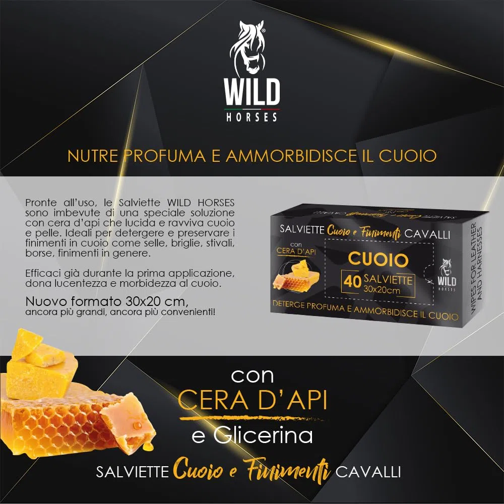 Wild Horses | Salviette Cuoio & Finimenti con Cera d'Api e Glicerina, Salviette Pronte all'Uso Imbevute con Cera d’Api, Lucida, Ravviva e Profuma il Cuoio, 40 Pz