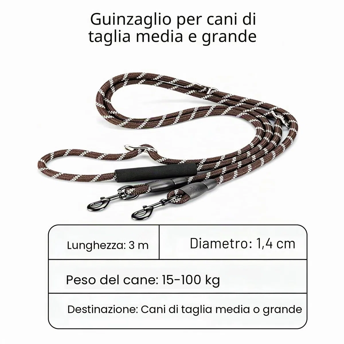 Guinzaglio per cani di taglia grande e media – Ricihene doppio guinzaglio regolabile in nylon con 2 moschettoni e 3 anelli – 3 m x 15 mm – marrone