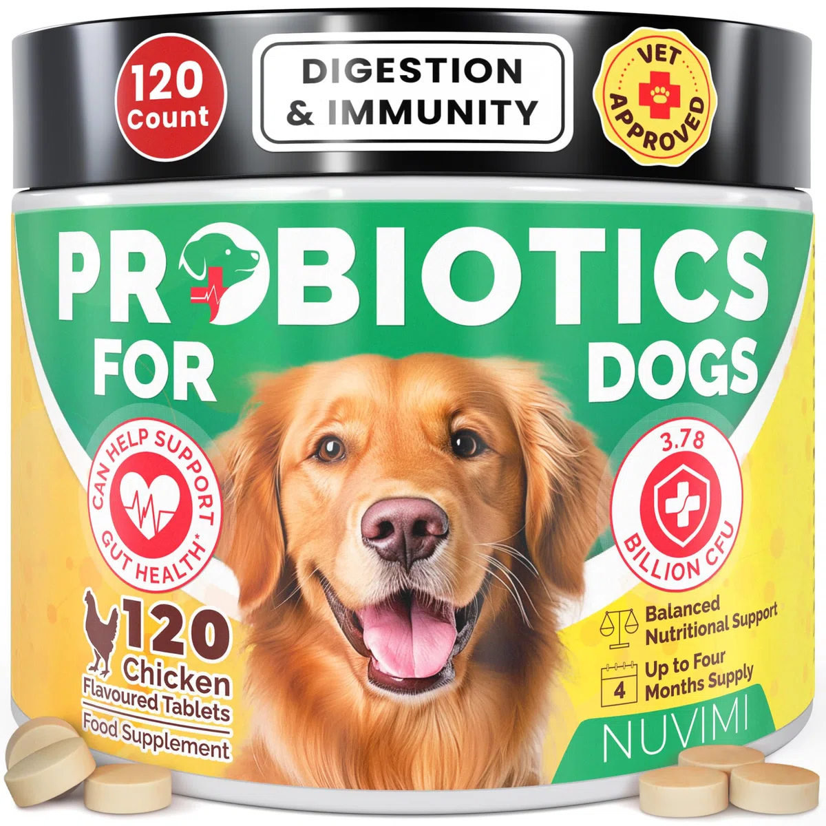 Probiotici per Cani - Compresse probiotiche e prebiotiche per Cani - Integratore per Il Supporto digestivo e la Salute intestinale - 120 Gusti di Pollo