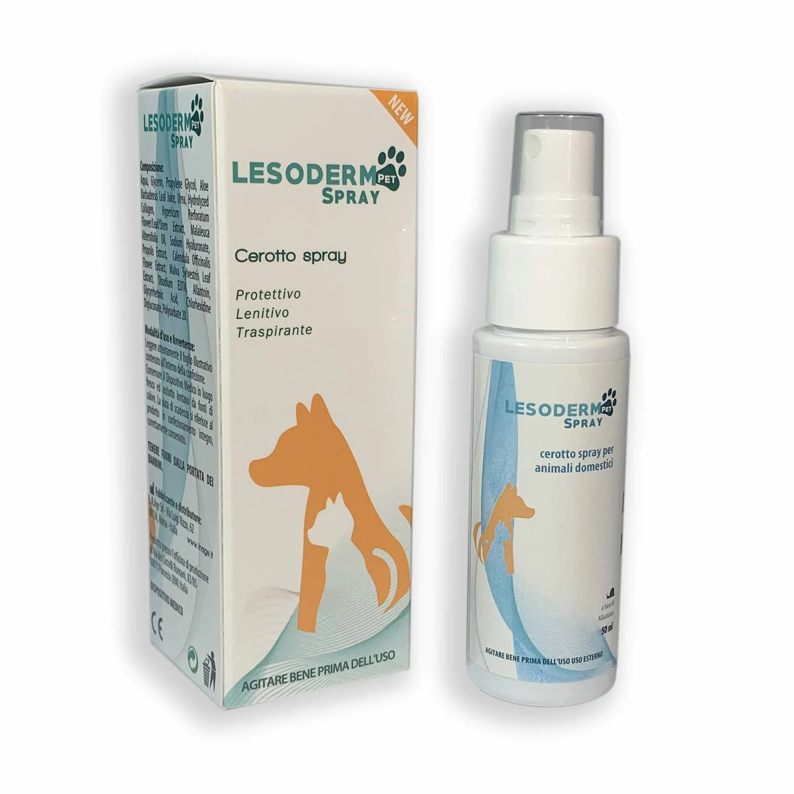 Lesoderm Pet Spray cicatrizzante per animali 50 ml - Cerotto spray protettivo per escoriazioni e ferite superficiali di cani, gatti, animali domestici e da cortile