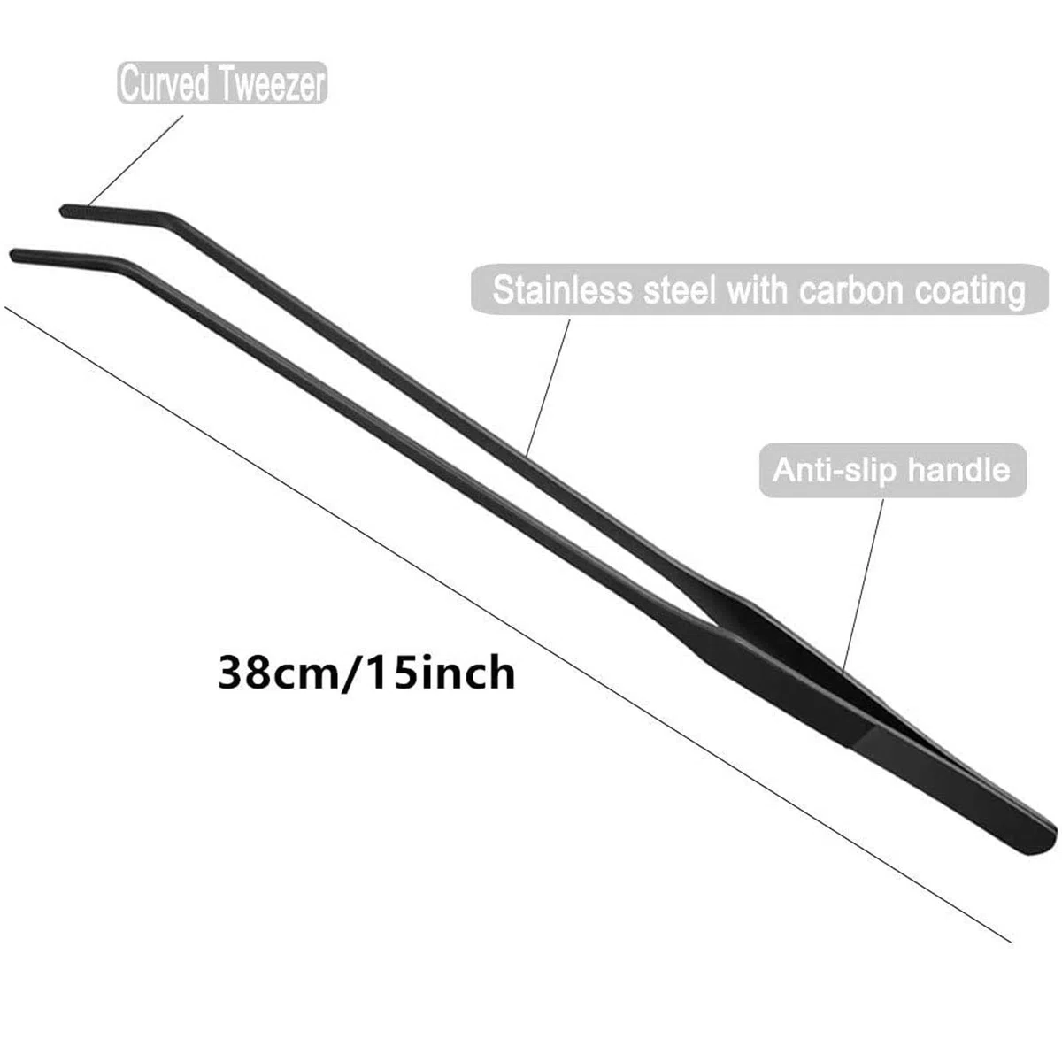 Pinzetta per mangime per acquario, 38 cm, curva, in acciaio inox, con rivestimento anti-carbonio, anti-ruggine, lunga pinzetta per mangime per piante, lucertole, ragni di serpente (BC)