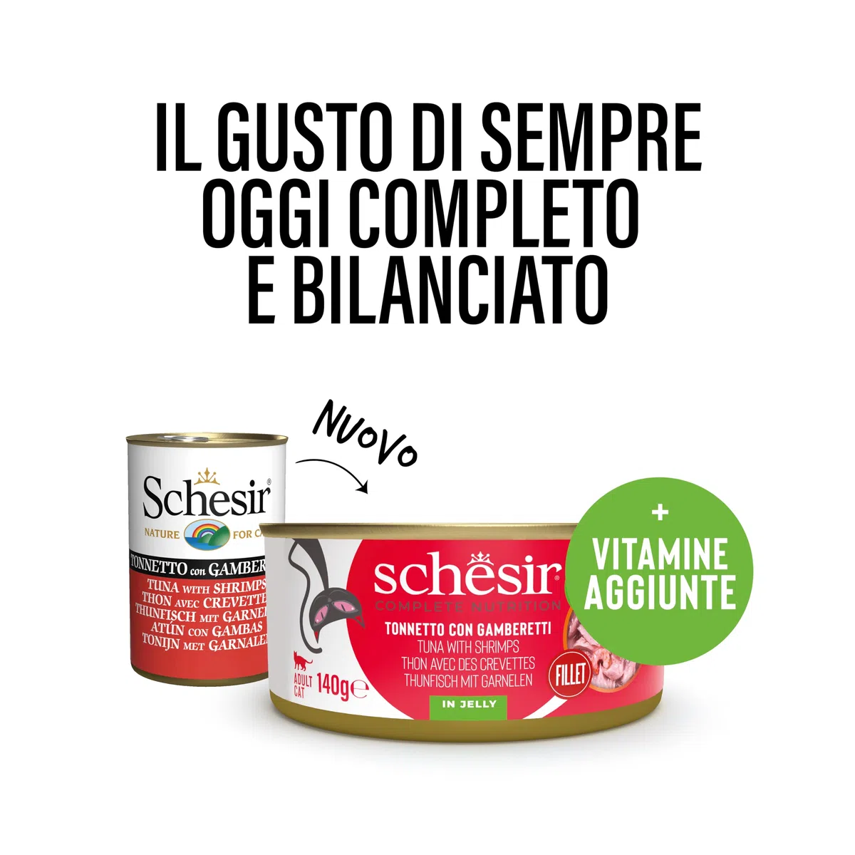 Schesir, Tonnetto con Gamberetti in Gelatina, Alimento Umido Completo per Gatti, in Lattina, con Vitamine Aggiunte, 100% filetti naturali, Cruelty-Free, 140g