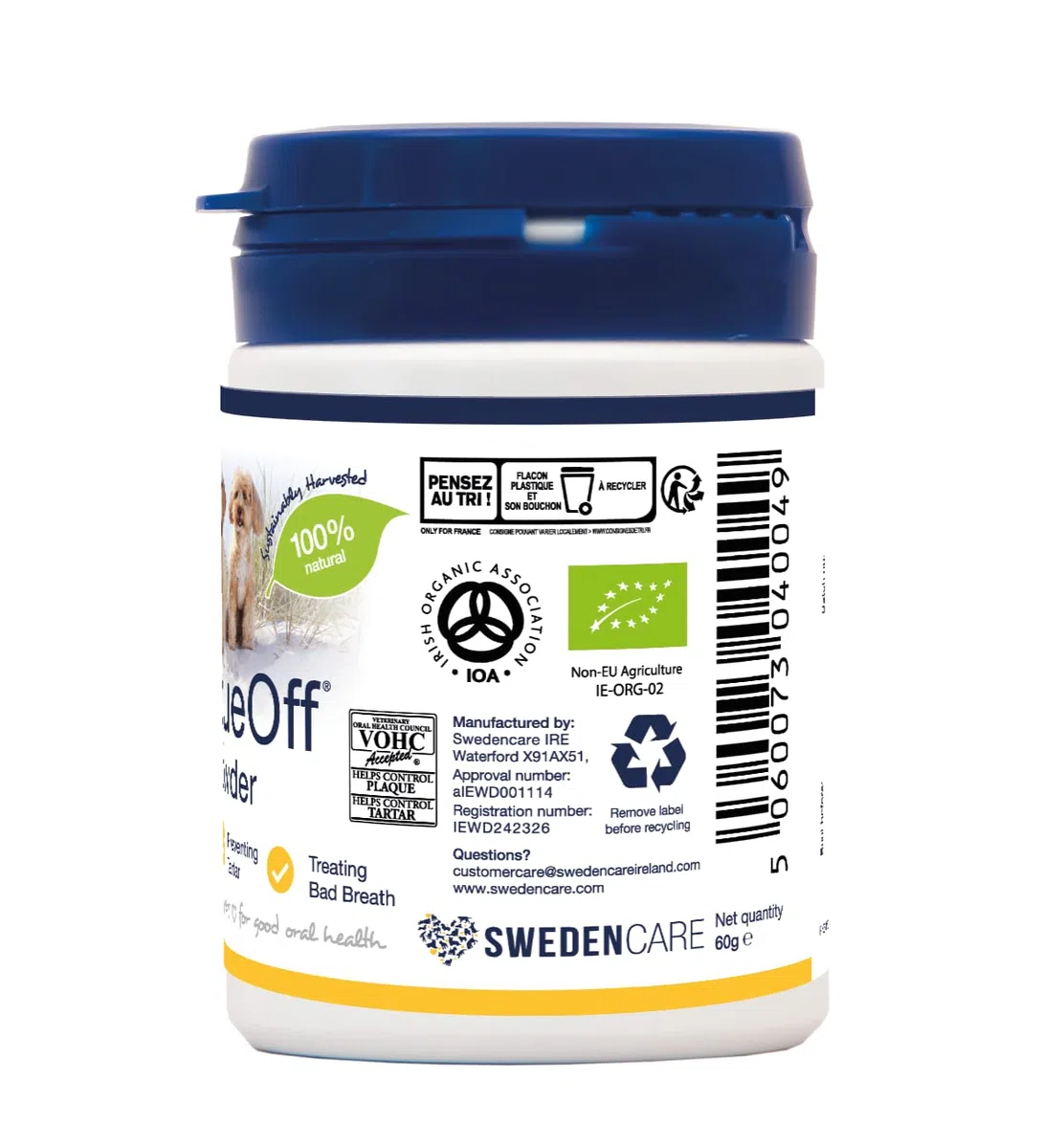 ProDen PlaqueOff Rimuovi Tartaro e Alito Cattivo 100% Naturale per Cani – Polvere Dentale da 60g con 13 Ossetti Vegetali – Confezione per Denti Sani e Alito Fresco