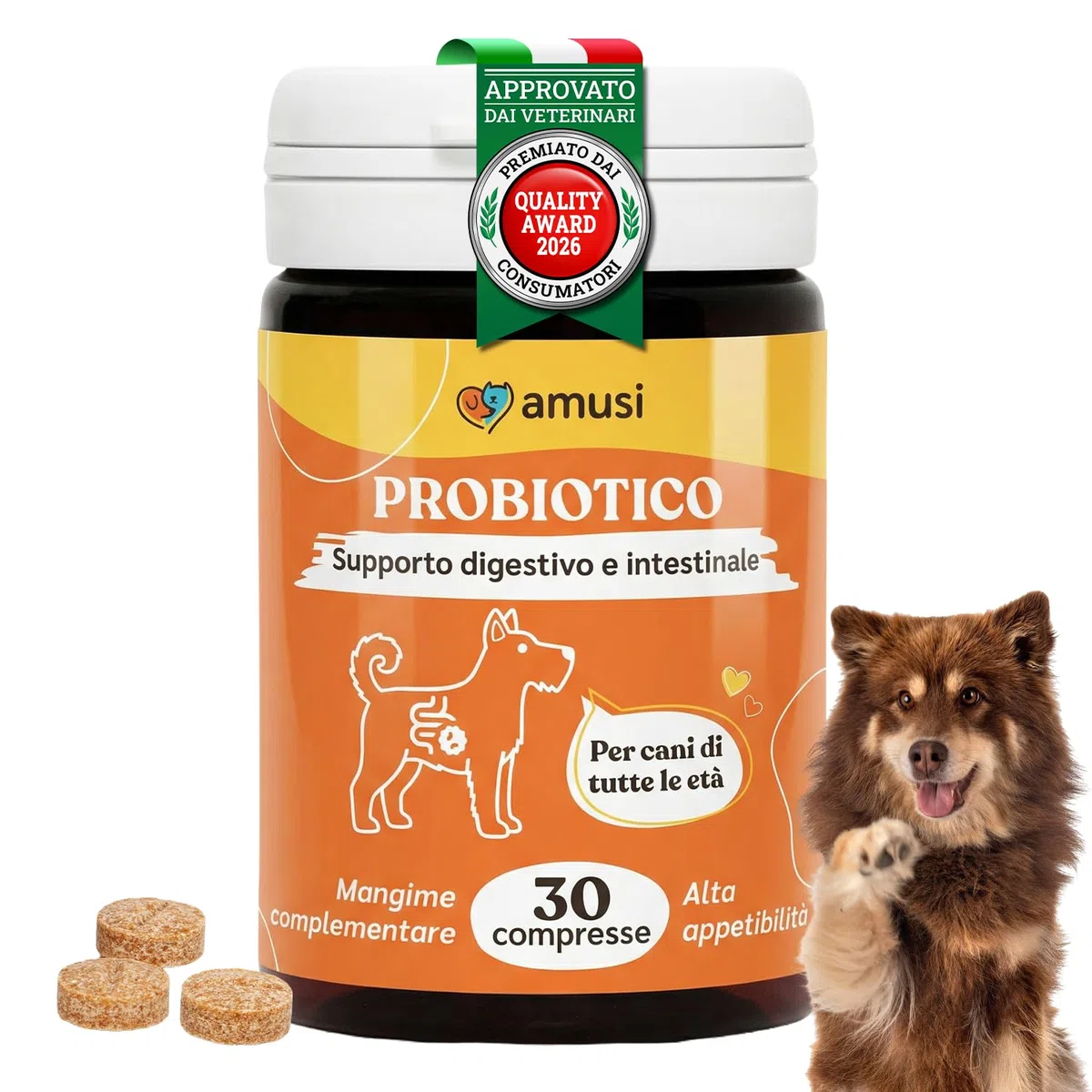amusi Probiotici per Cani 30 Compresse con Fermenti Lattici Probiotici e Inulina – Mangime Complementare - Supporto per Intestino e Flora Intestinale, Aiuta la Digestione e l’Equilibrio intestinale