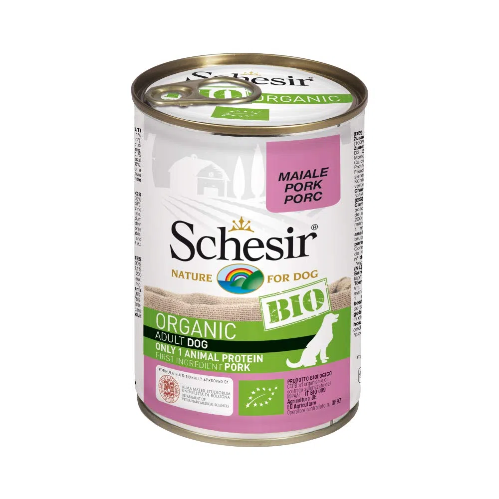 Schesir BIO, Alimento Completo Umido per Cani adulti, Patè di Maiale Selezionato senza Cereali - 6 lattine dal 400g (2,4kg totale)