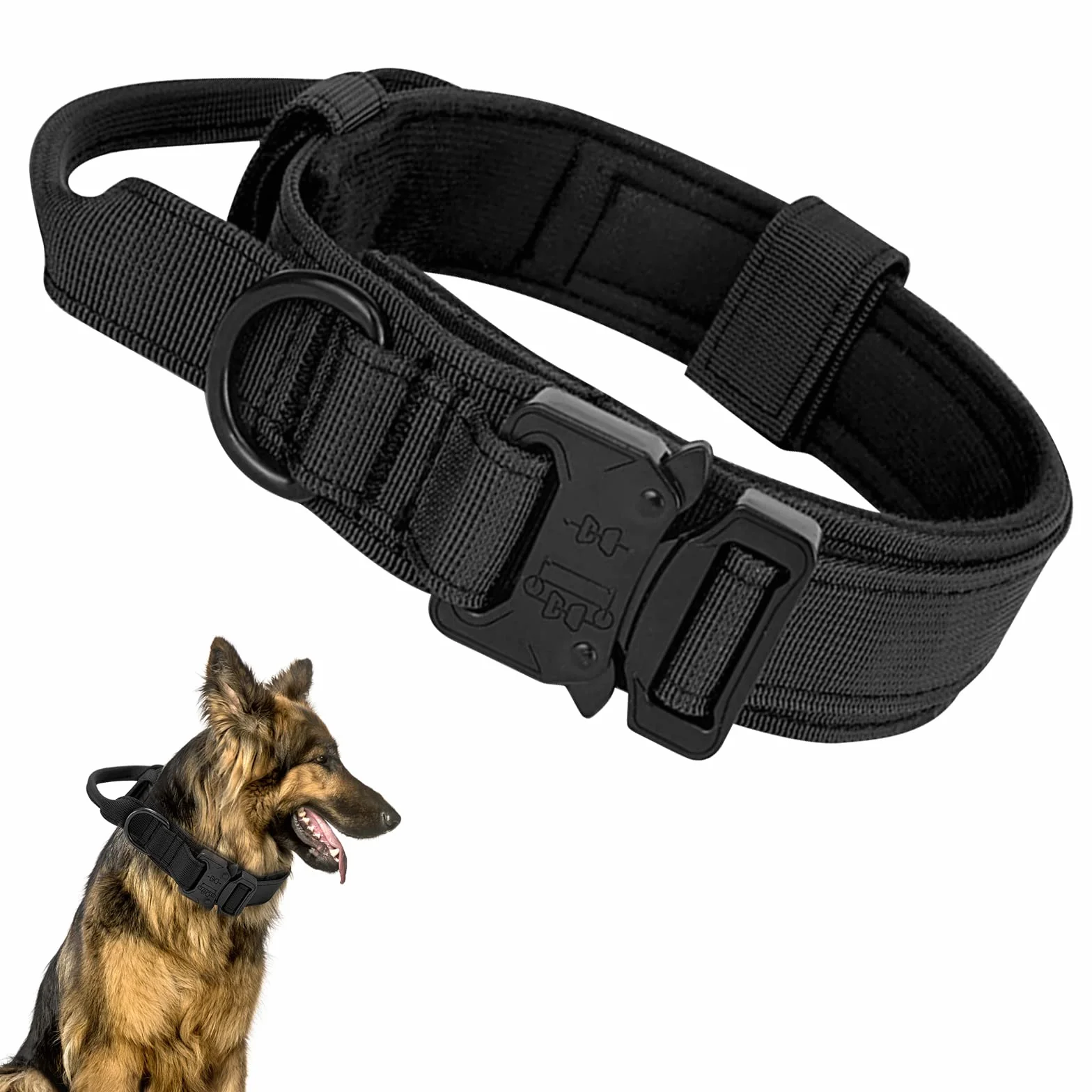 Collare Tattico per Cani Regolabile Con Maniglia di Comando, Militare in Nylon Con Fibbia in Metallo per Cani di Taglia Media e Grande Addestramento (L, Nero)