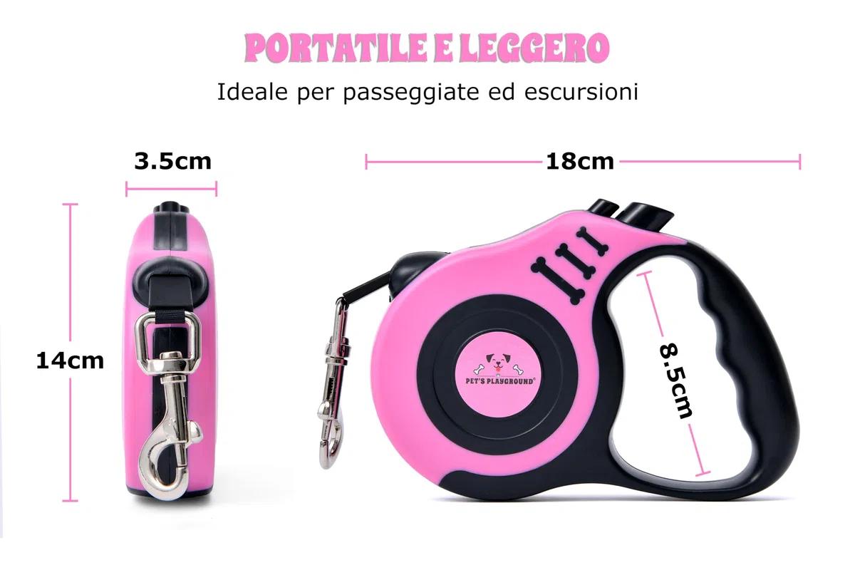 Pet's Playground | Guinzaglio Retrattile per Cani Illuminante e Riflettente | Resistente per Cuccioli e Piccola Taglia | Rosa | 5M