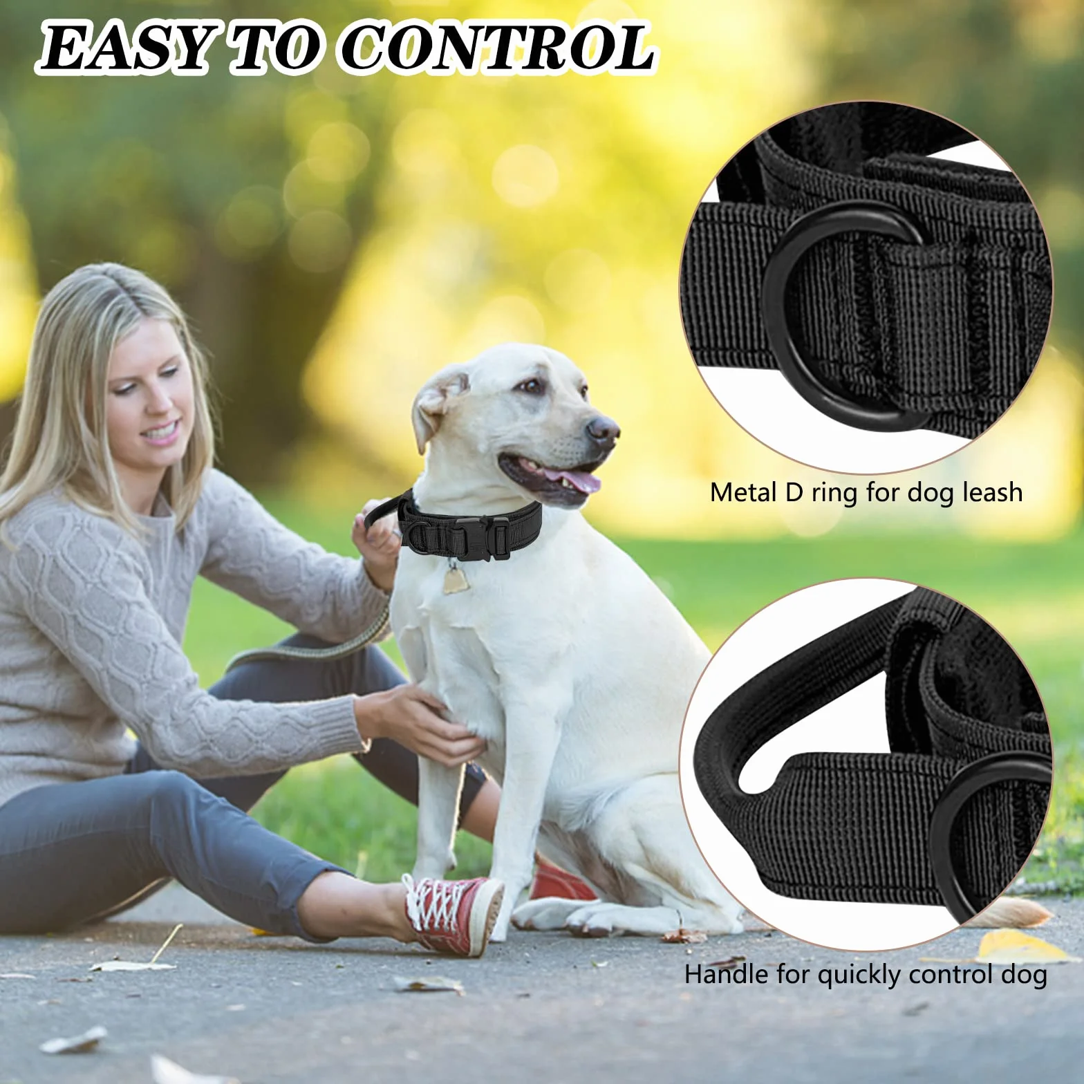 Collare Tattico per Cani Regolabile Con Maniglia di Comando, Militare in Nylon Con Fibbia in Metallo per Cani di Taglia Media e Grande Addestramento (L, Nero)