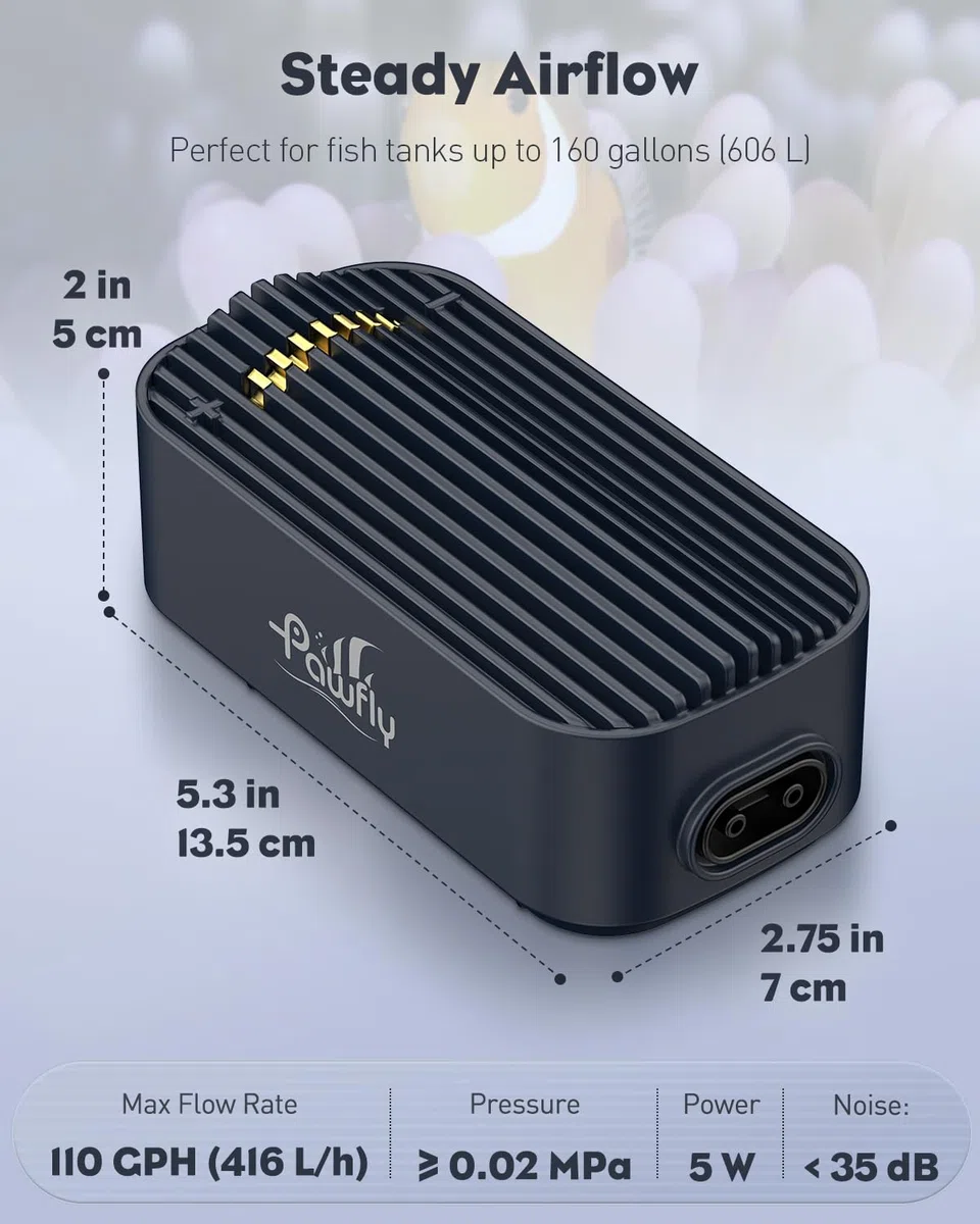 Pawfly Pompa ad Aria per Acquario, 416 L/H per Acquari fino a 606 L, Ultra Silenziosa e Regolabile con Tubo, Pietra Porosa e Valvola di Non Ritorno