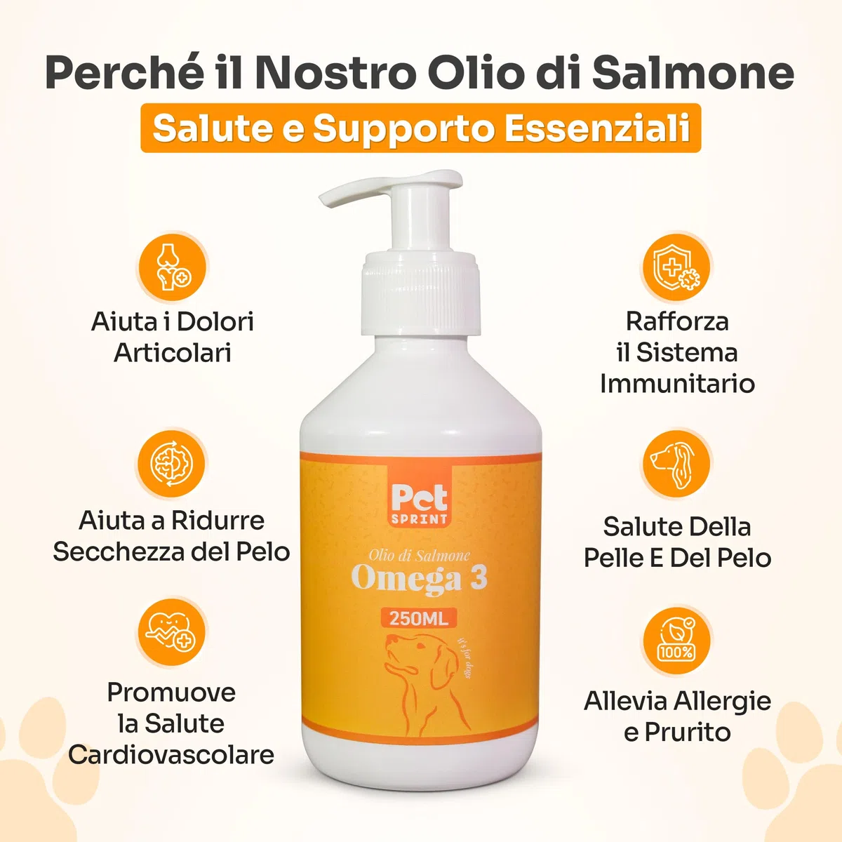Olio di Salmone per Cani Premium, 250ml, Marca Italiana, 100% Naturale - Puro Olio di Pesce Fonte di Omega 3 6 9 per Pelo, Sistema Immunitario, Prurito, Articolazioni, Cervello